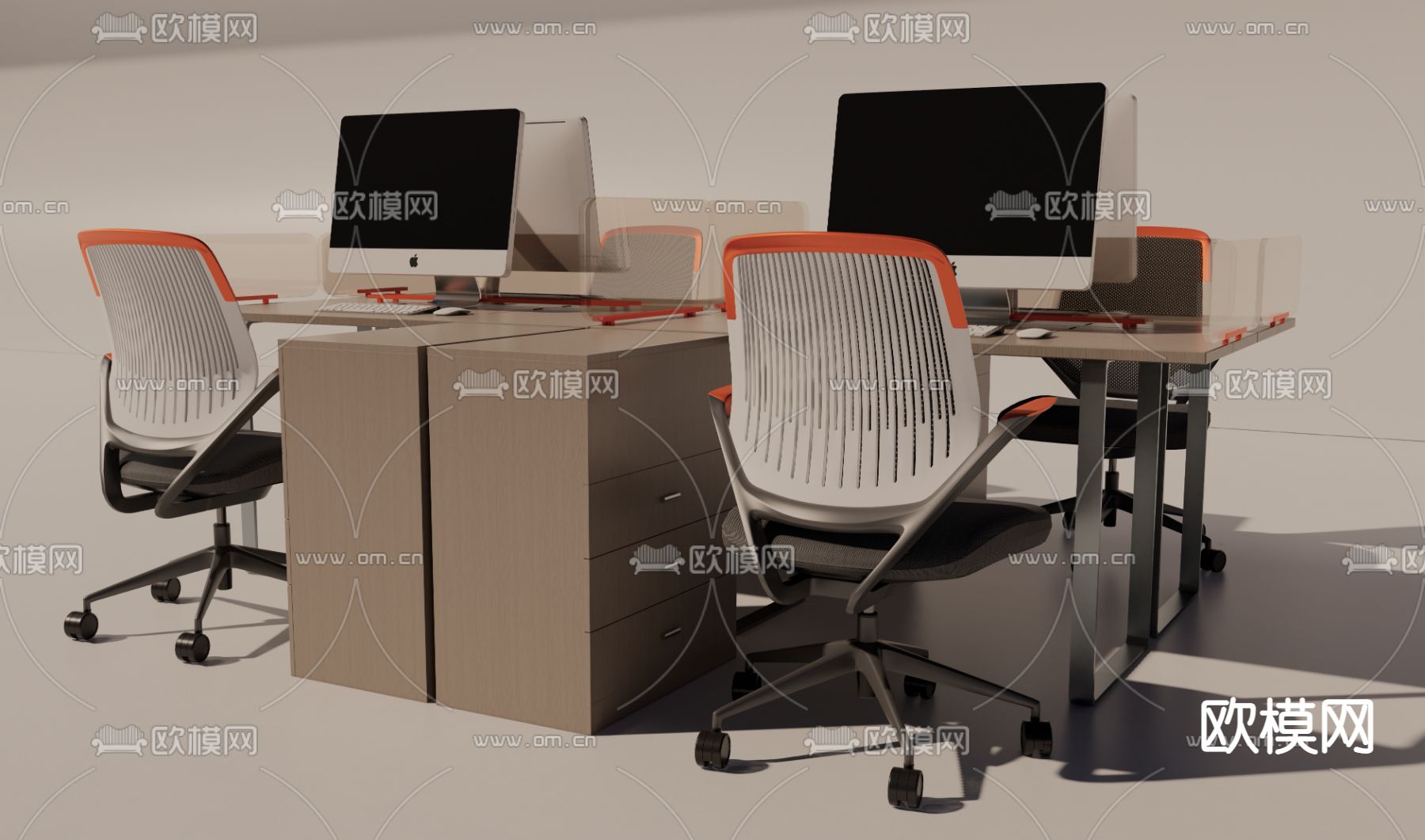 现代办公桌椅 屏风卡位su模型下载（渲染图3）