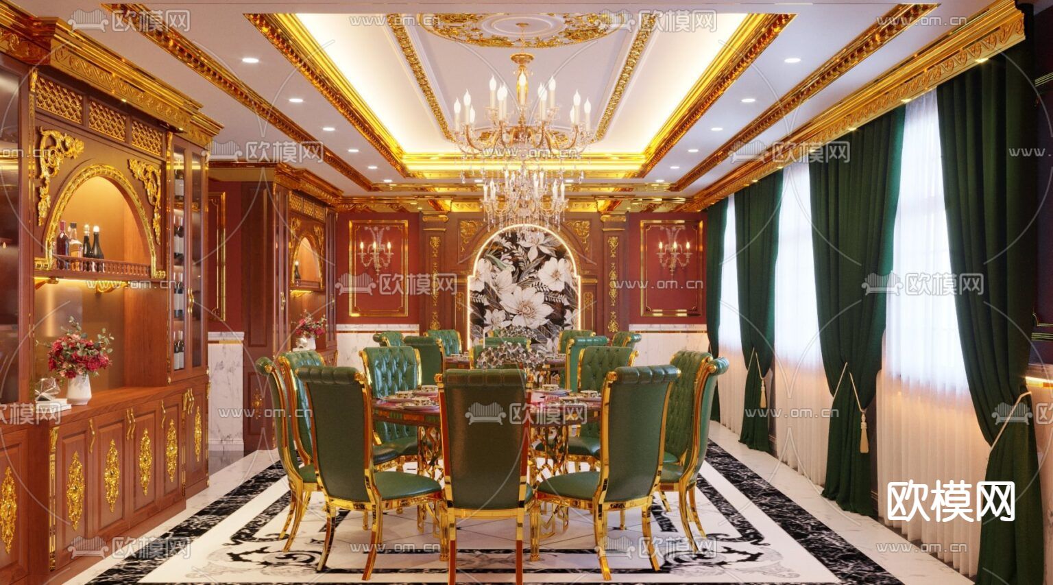 欧式古典奢华创意餐厅包间免费3d模型下载（渲染图2）