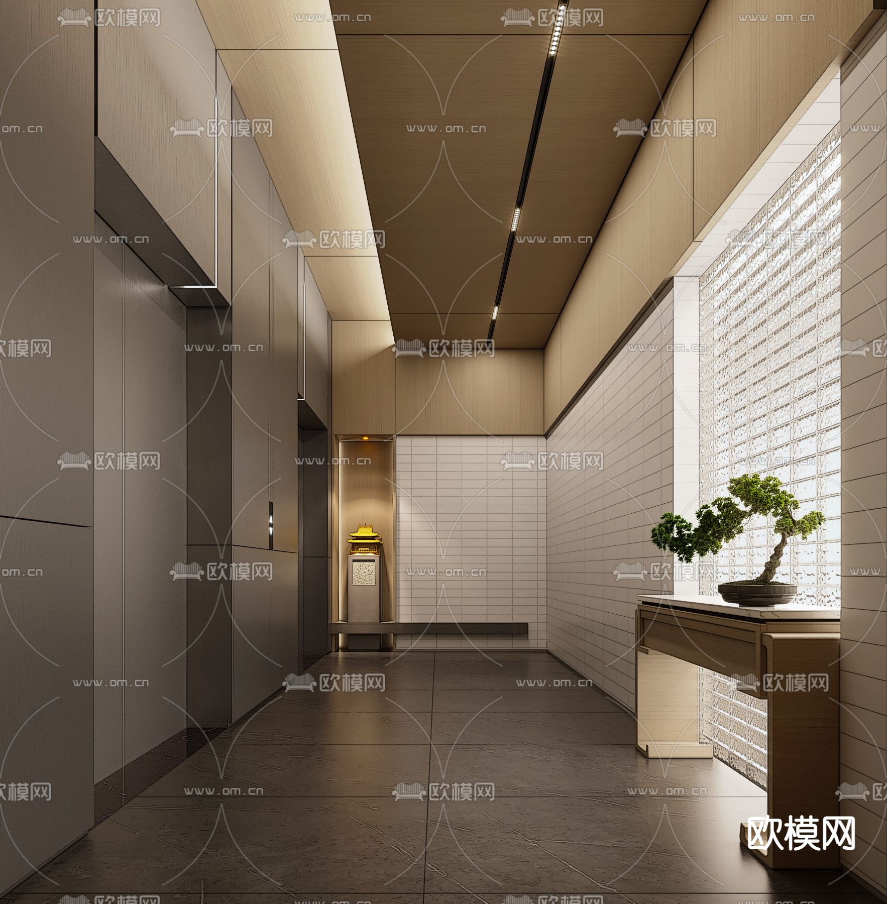 新中式电梯厅 走廊su模型下载（渲染图1）