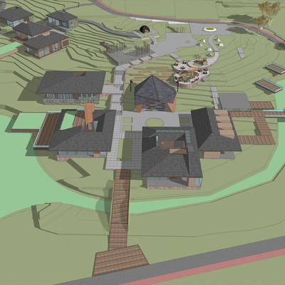  新中式商业民宿建筑鸟瞰su模型 