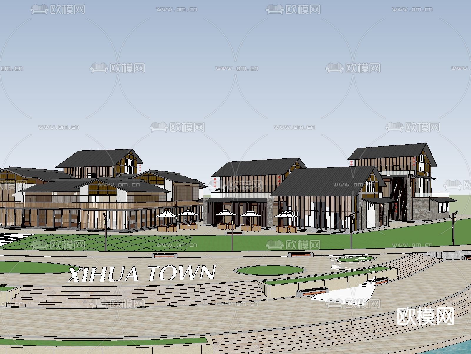 新中式商业街su模型下载（渲染图1）