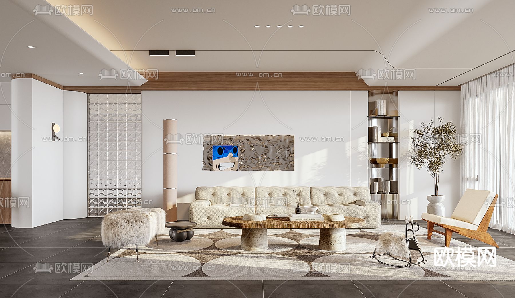奶油风客厅3d模型下载（渲染图1）