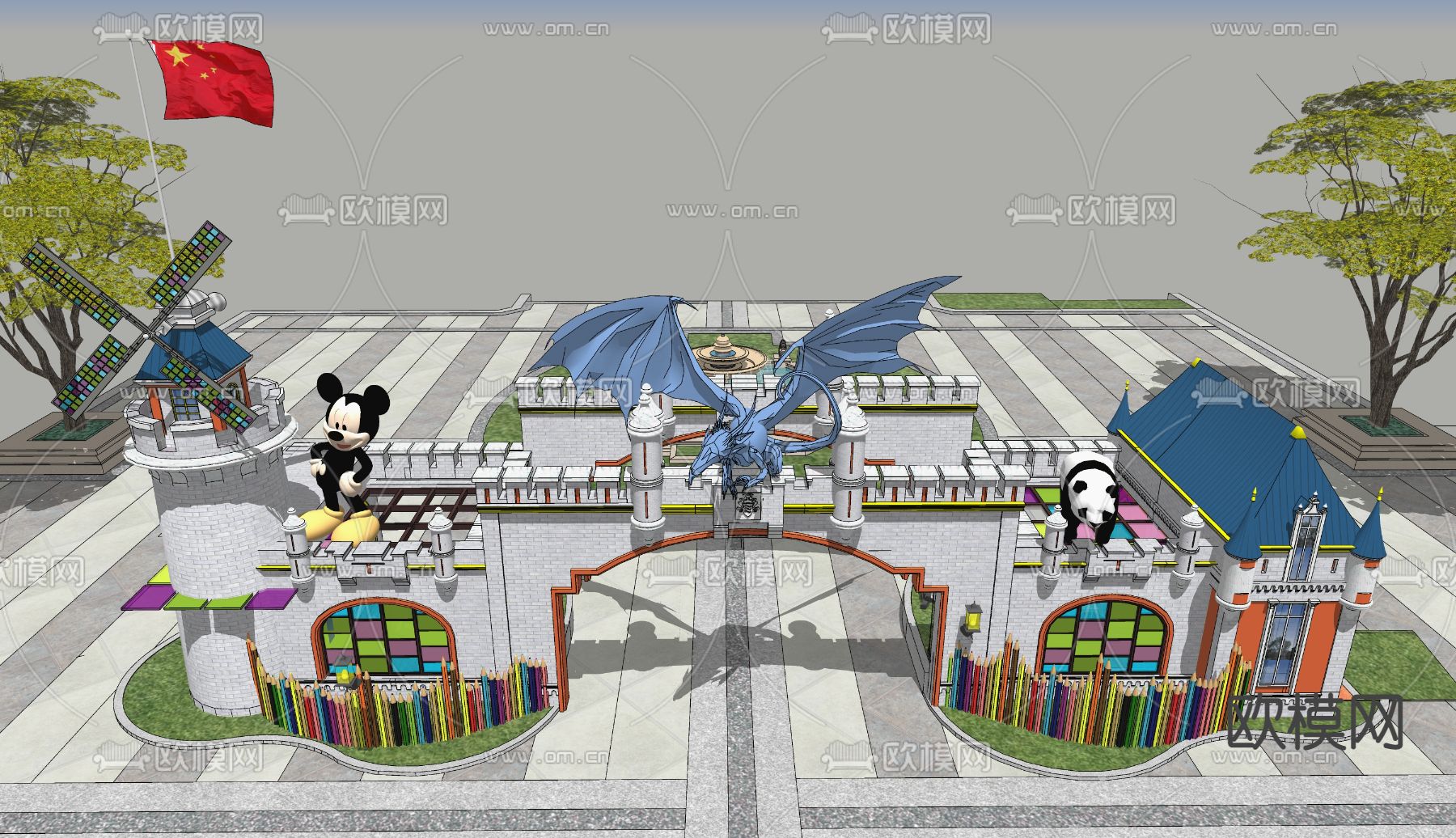 欧式卡通城堡幼儿园入口大门su模型下载（渲染图4）