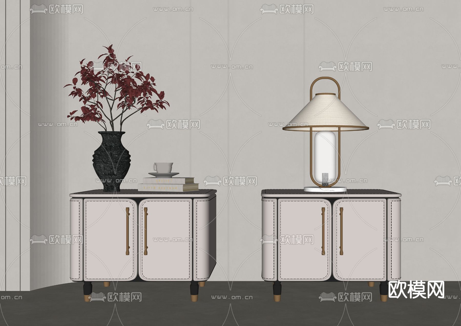 新中式床头柜su模型下载（渲染图2）