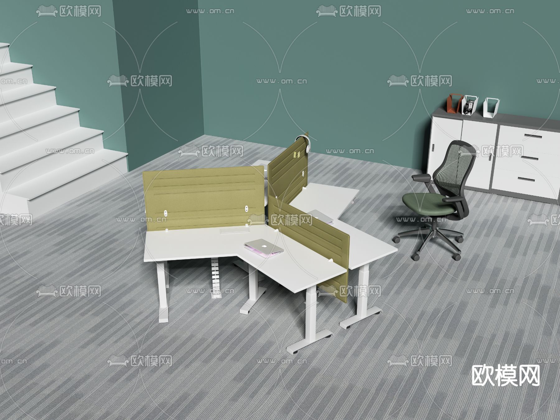 办公桌椅  三人屏风卡位3d模型