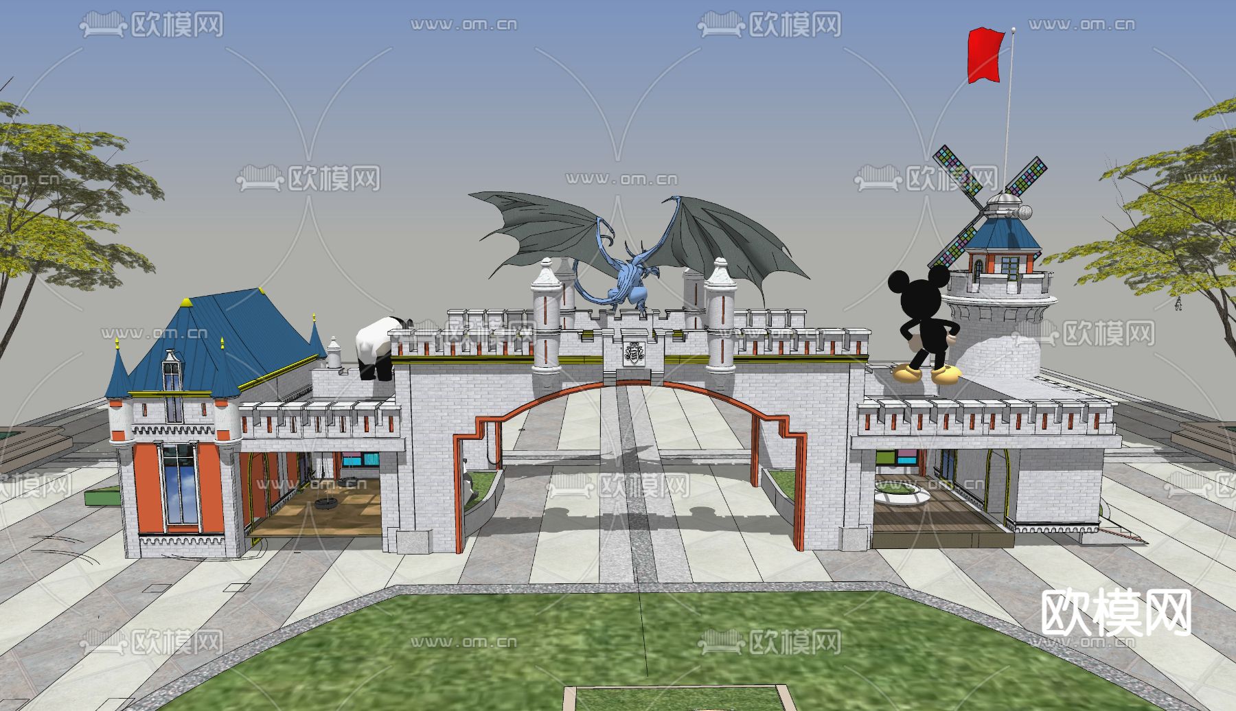 欧式卡通城堡幼儿园入口大门su模型下载（渲染图3）