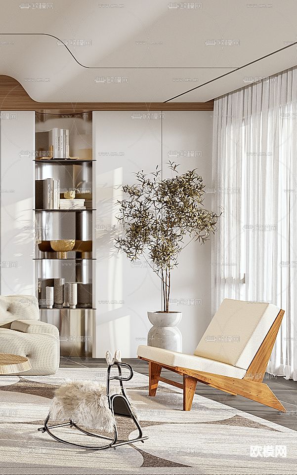 奶油风客厅3d模型下载（渲染图3）