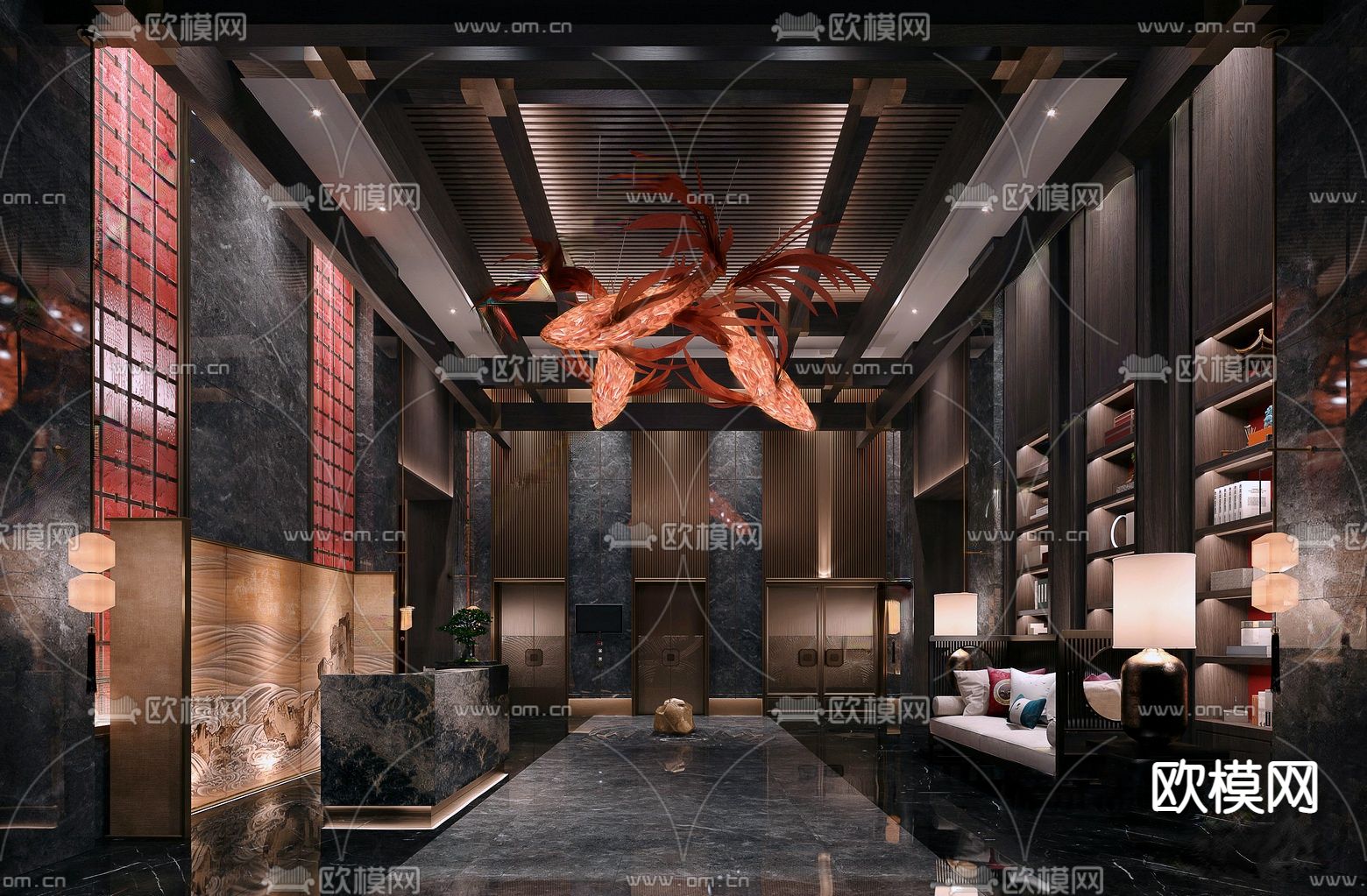 新中式酒店大堂su模型