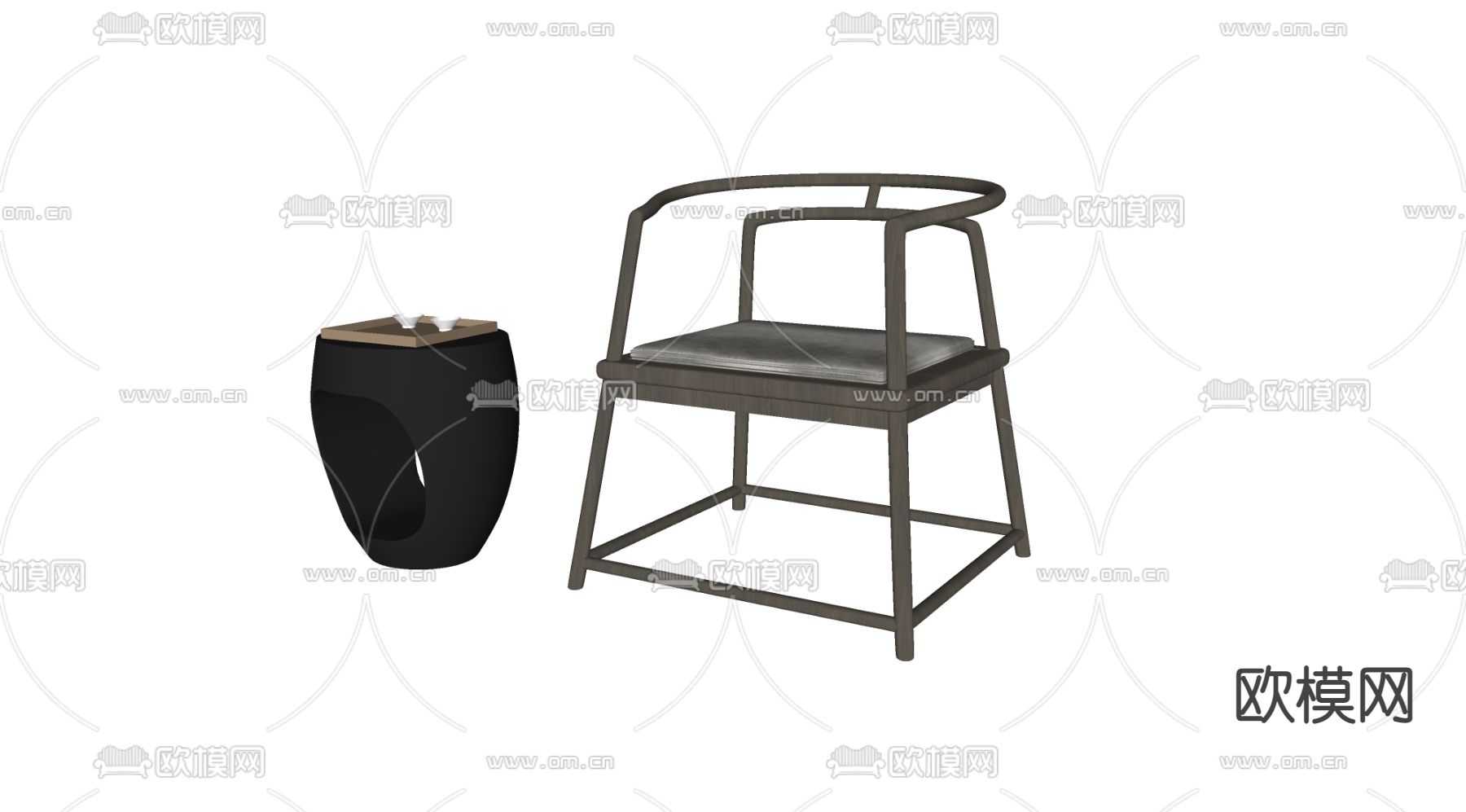 新中式休闲椅su模型下载（渲染图2）