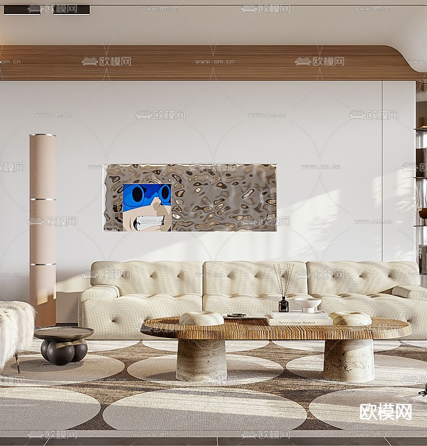 奶油风客厅3d模型下载（渲染图2）