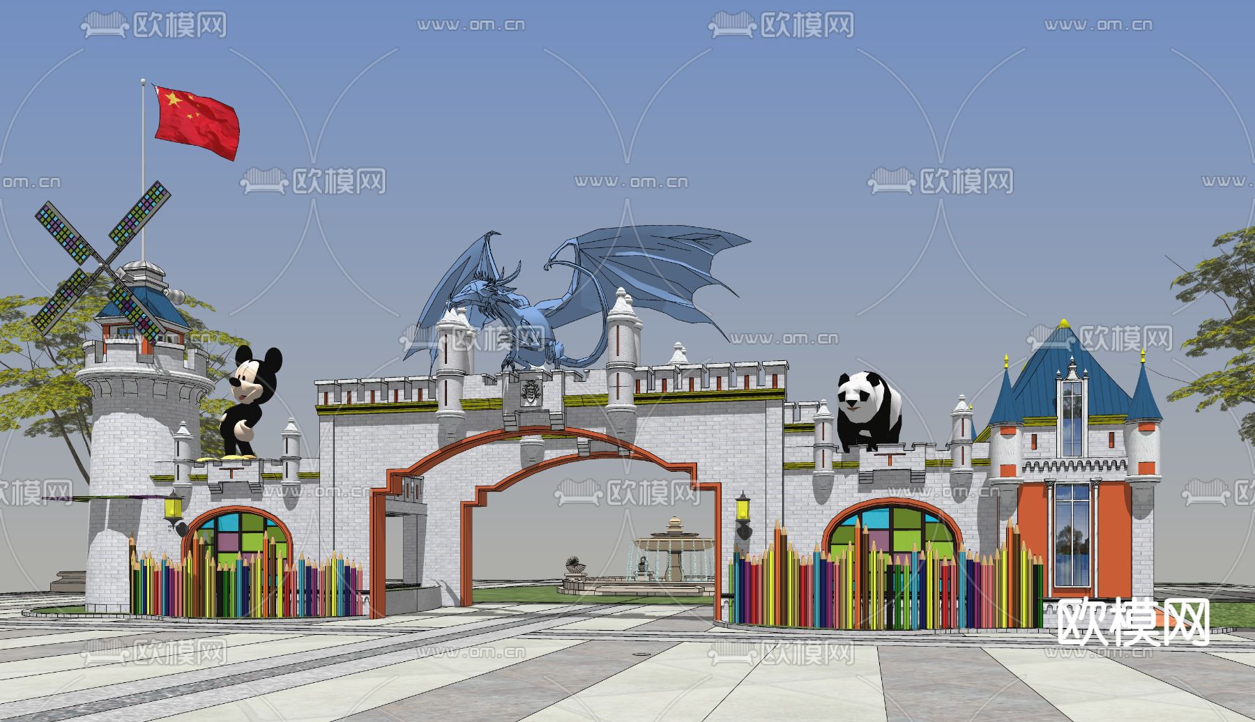 欧式卡通城堡幼儿园入口大门su模型下载（渲染图1）