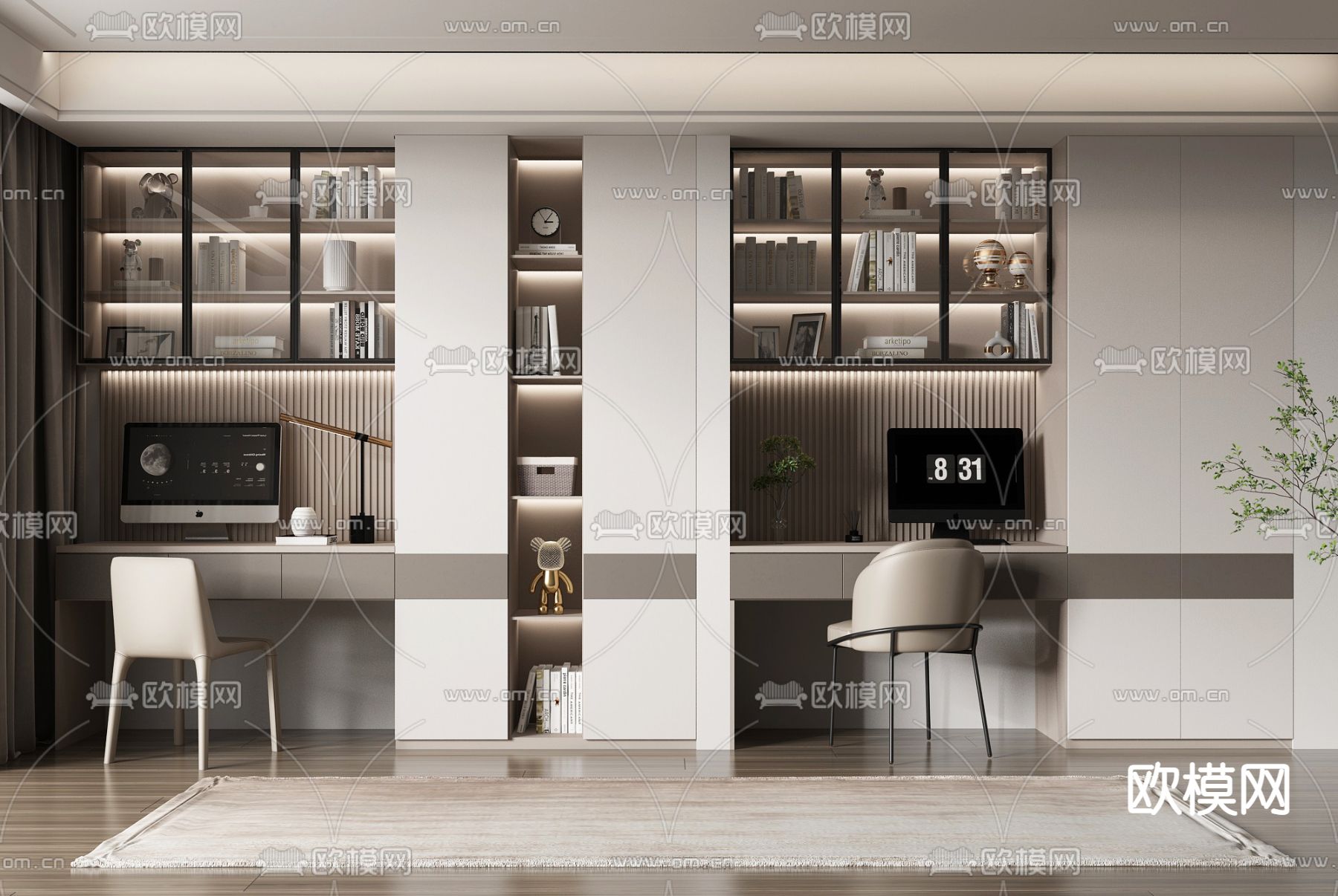 现代一体式书柜桌椅su模型下载_ID12157919_sketchup模型下载-欧模网
