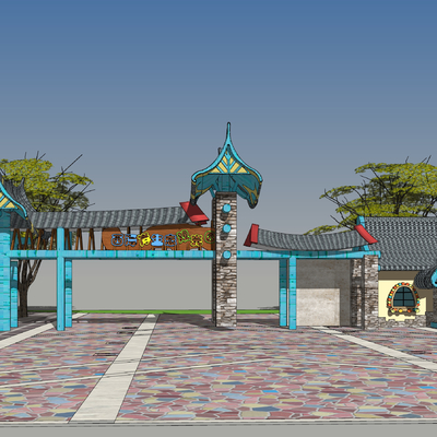  中式游乐园入口大门su模型 