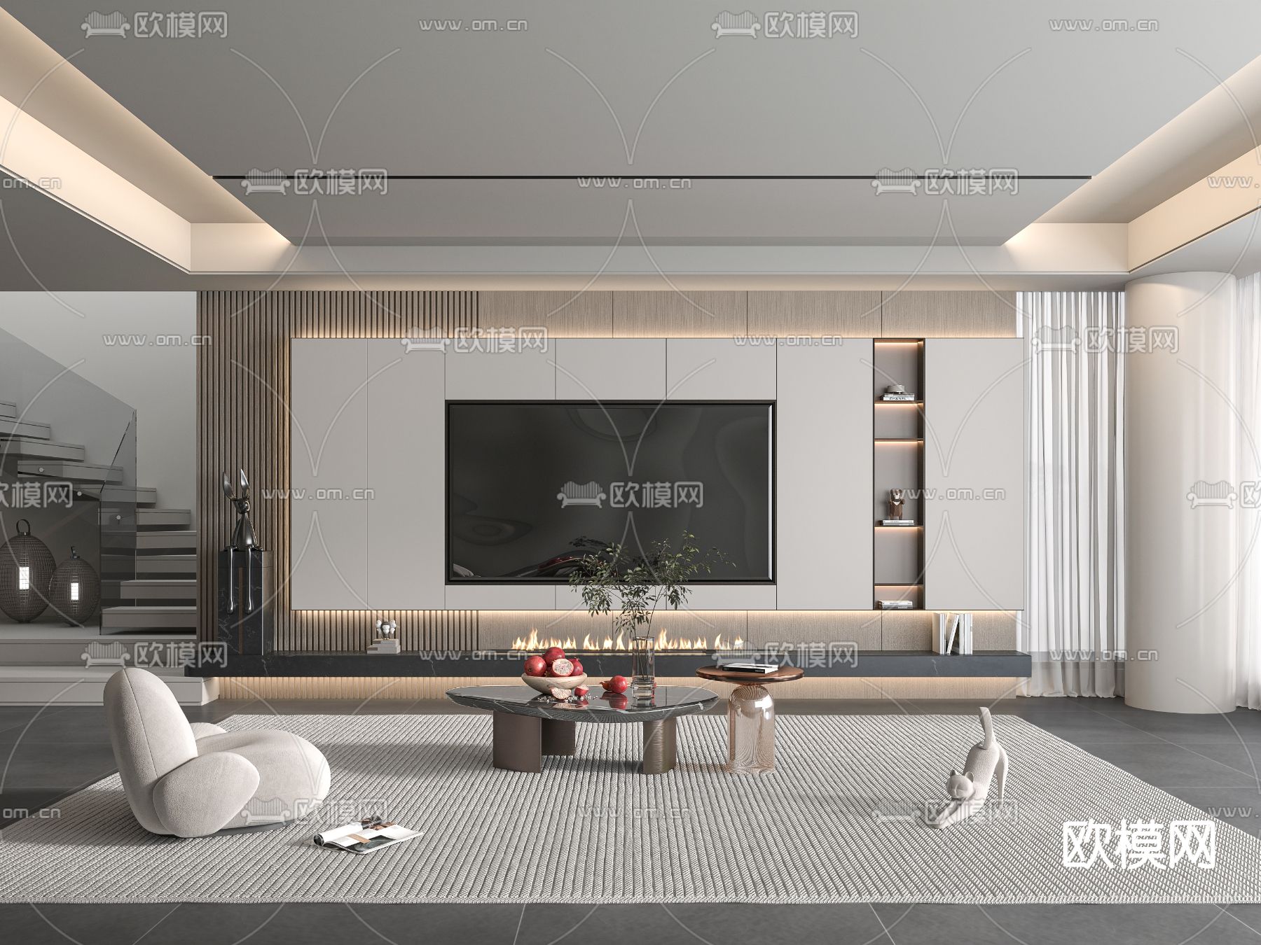 高级灰客厅3d模型下载