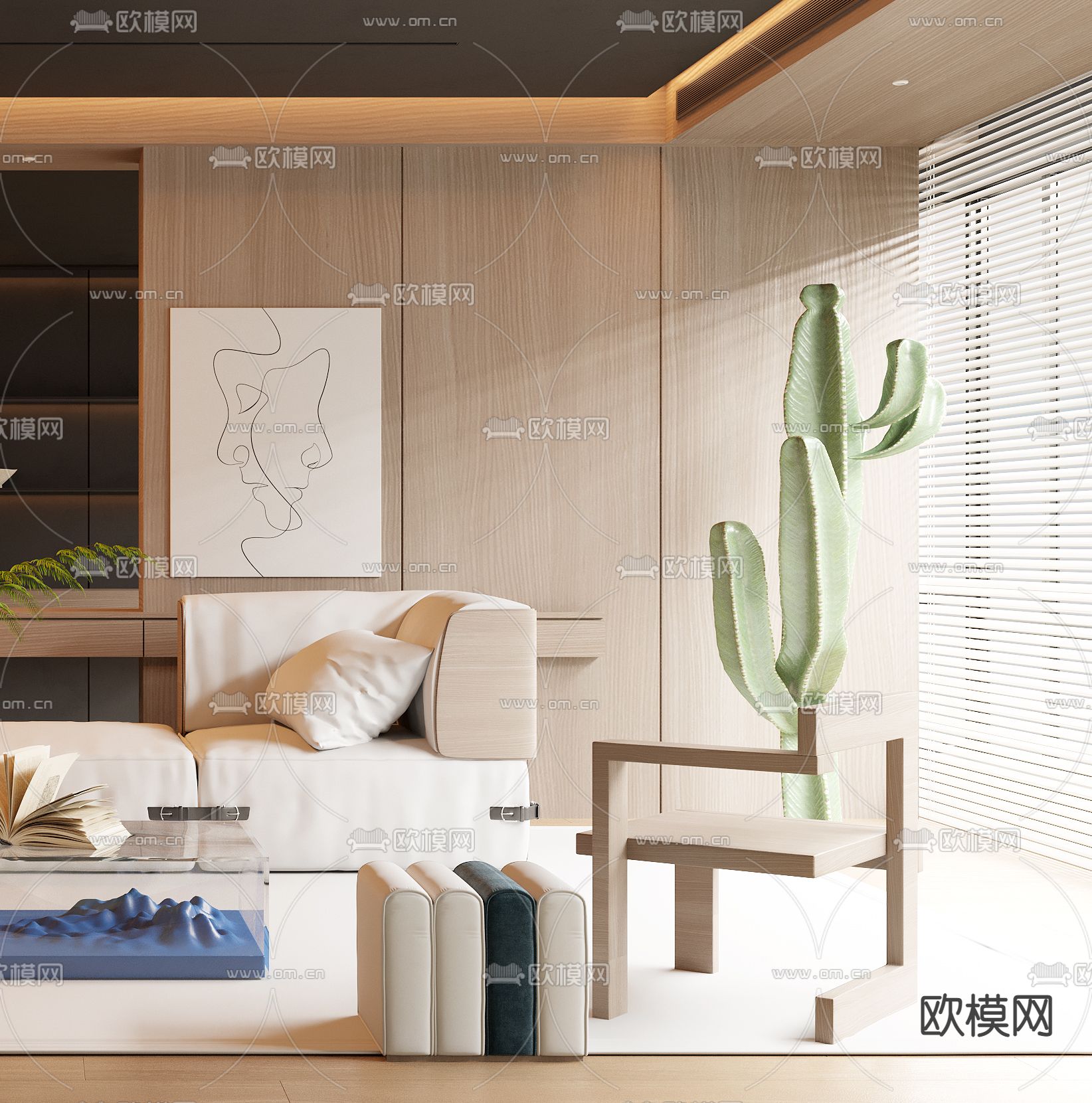 现代原木色客厅3d模型