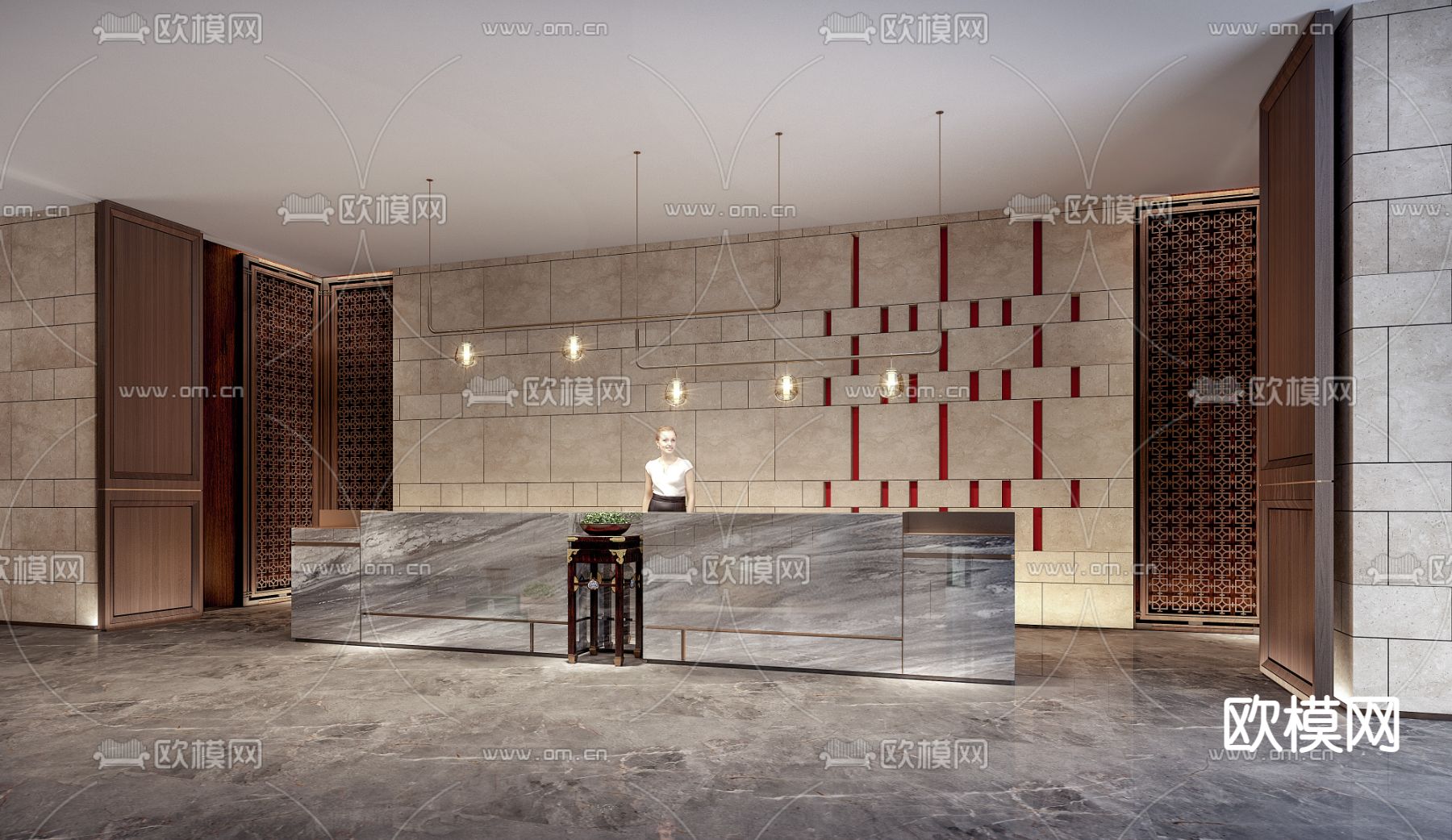 新中式接待前台3d模型下载