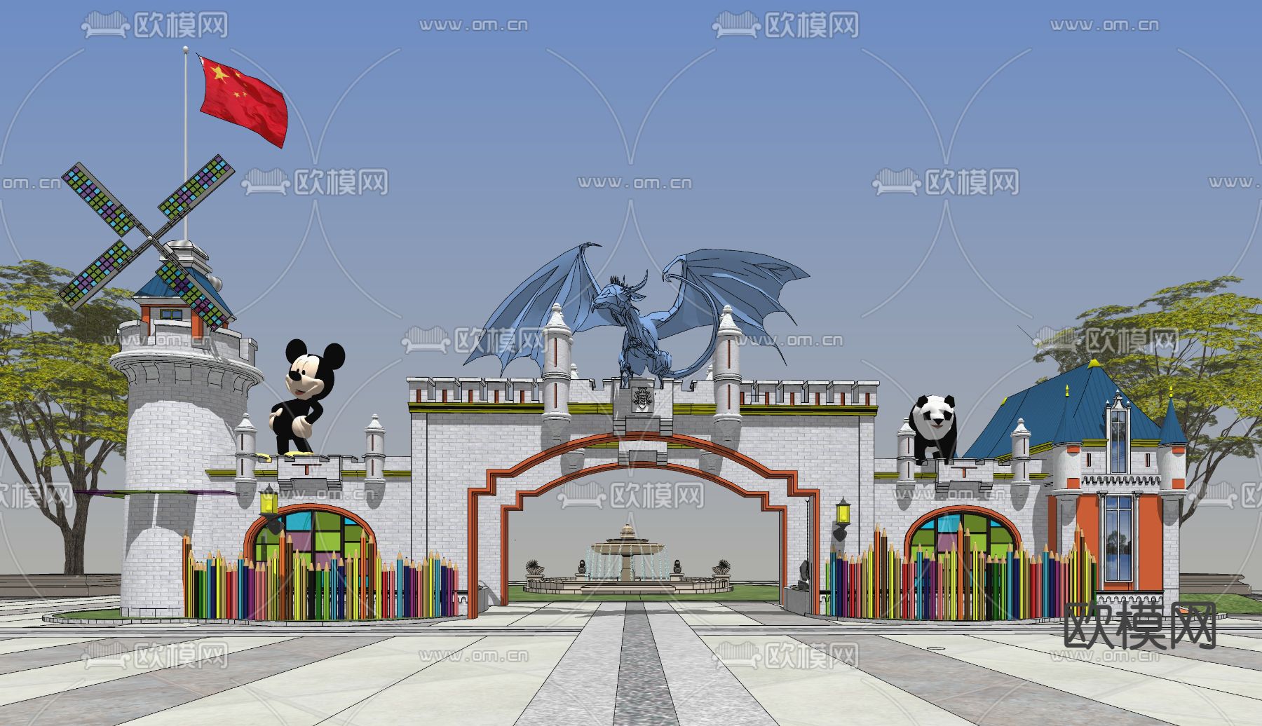 欧式卡通城堡幼儿园入口大门su模型下载（渲染图2）