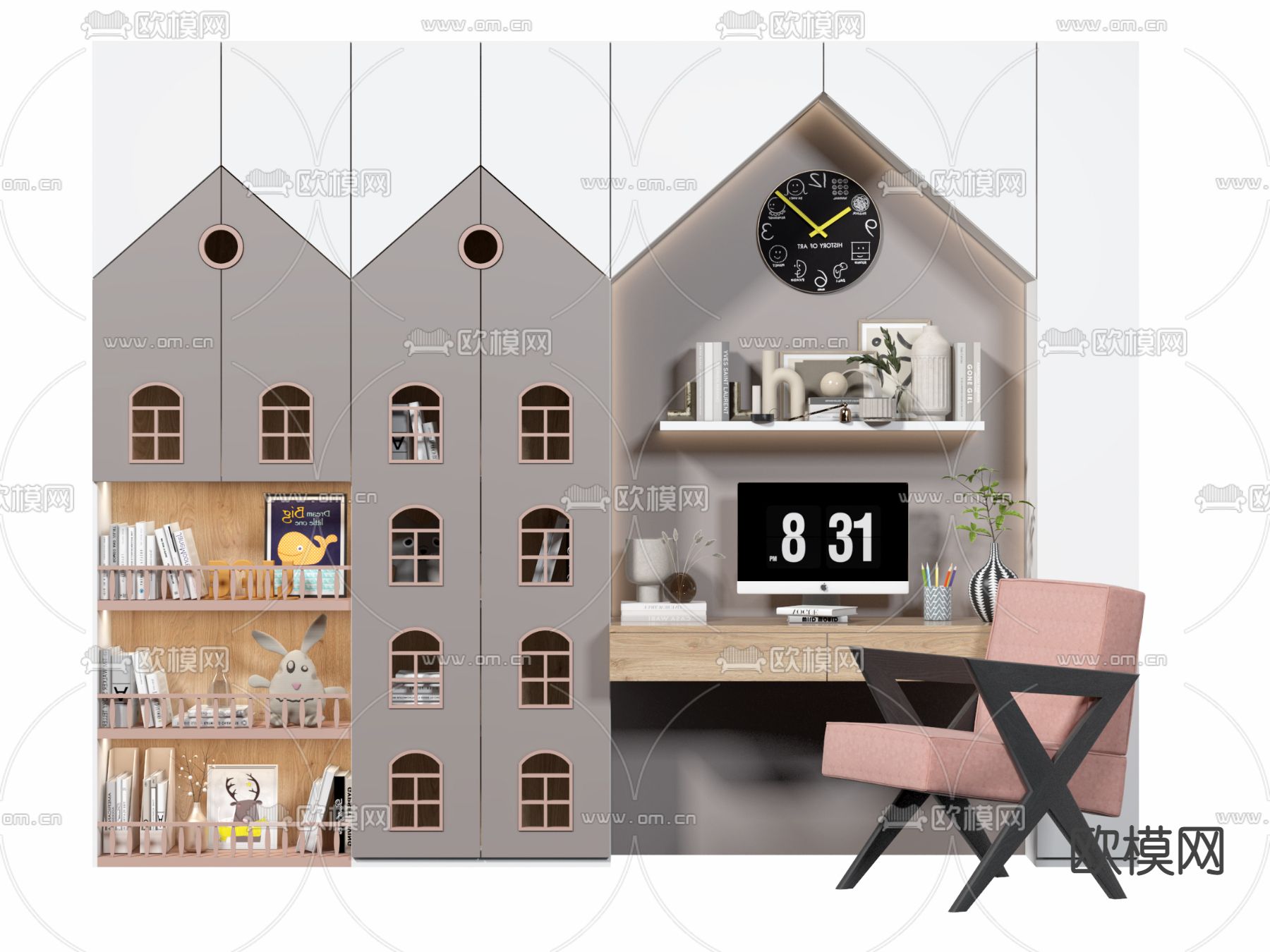 卡通房子儿童书柜 书桌椅3d模型下载