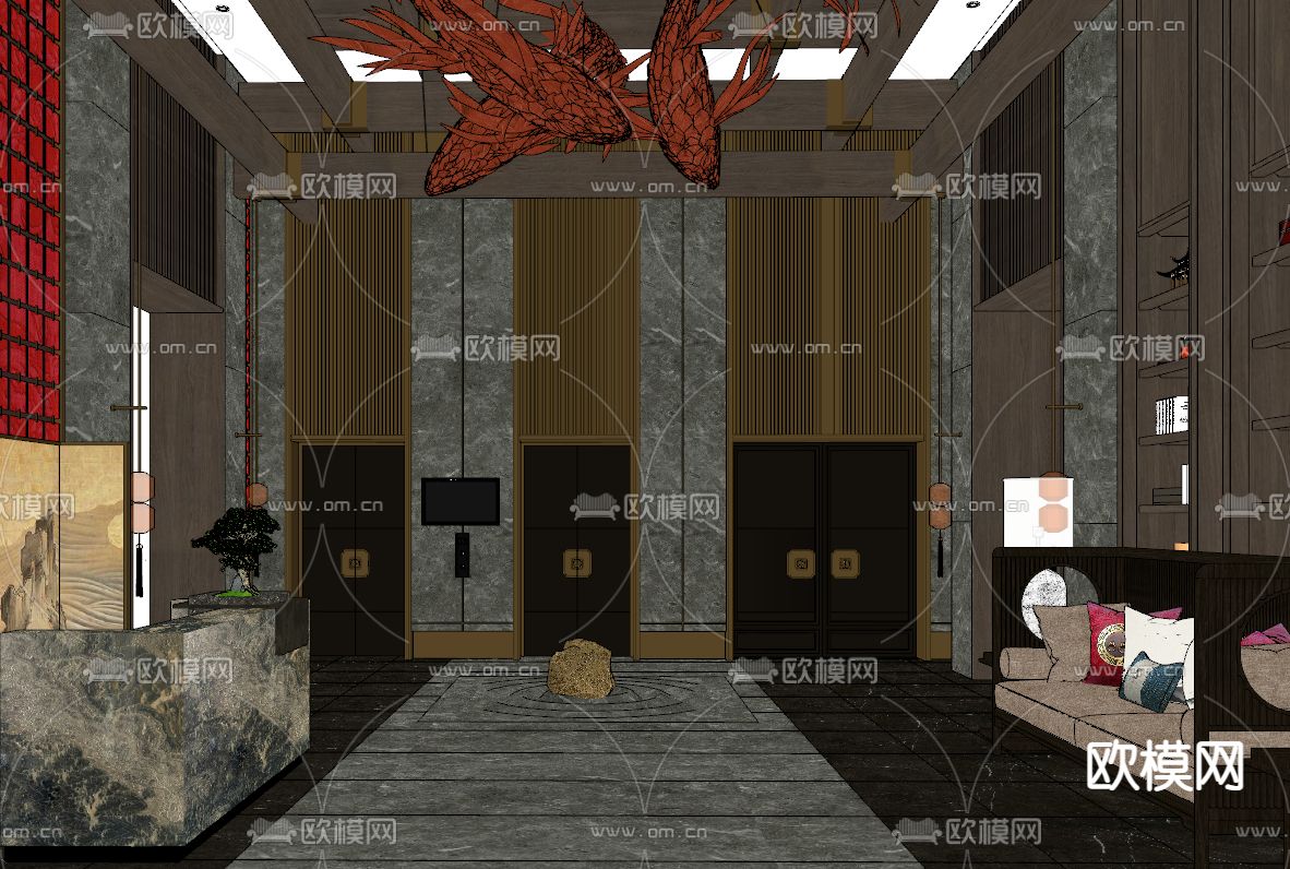 新中式酒店大堂su模型