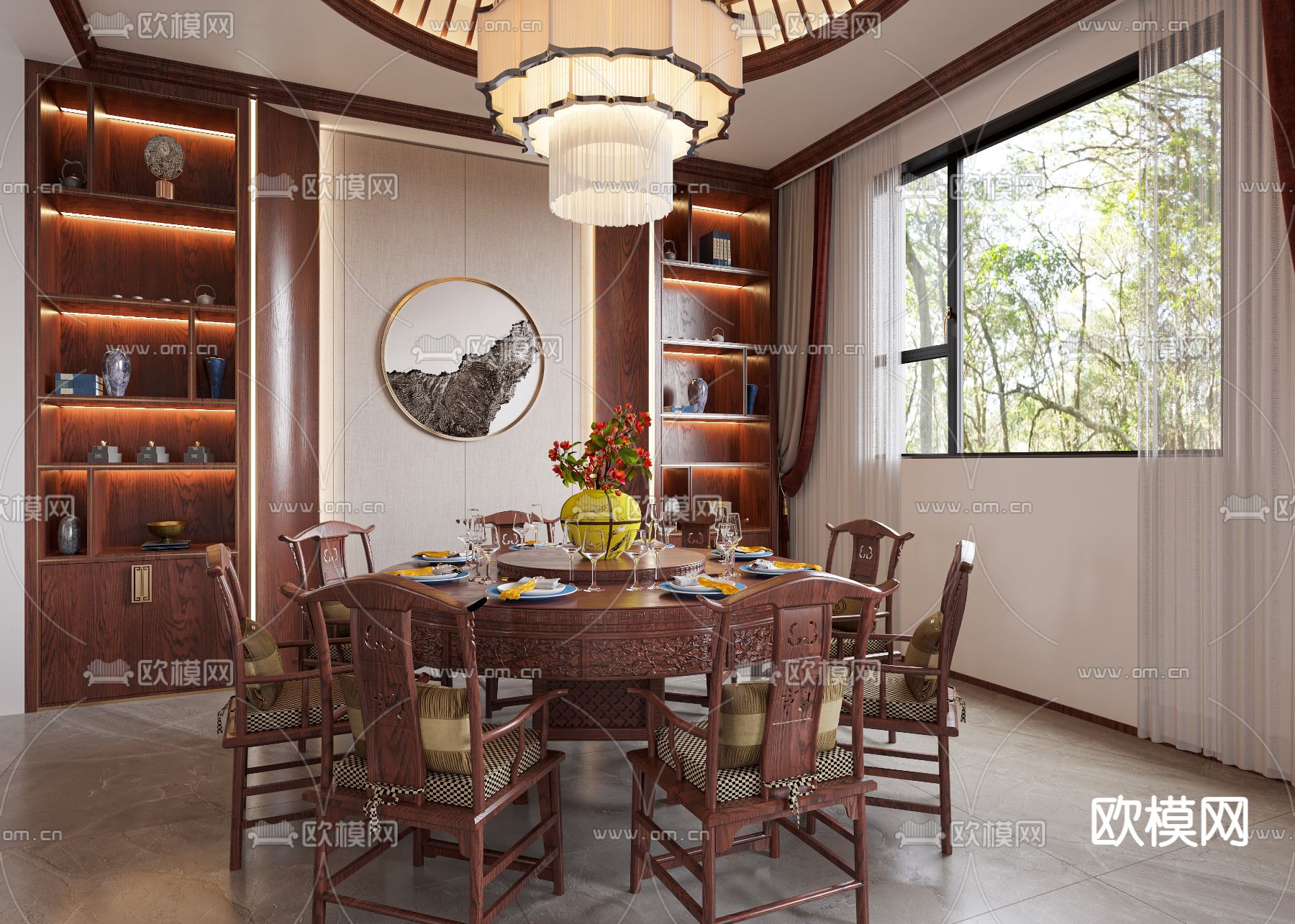 中式客厅餐厅3d模型下载（渲染图3）