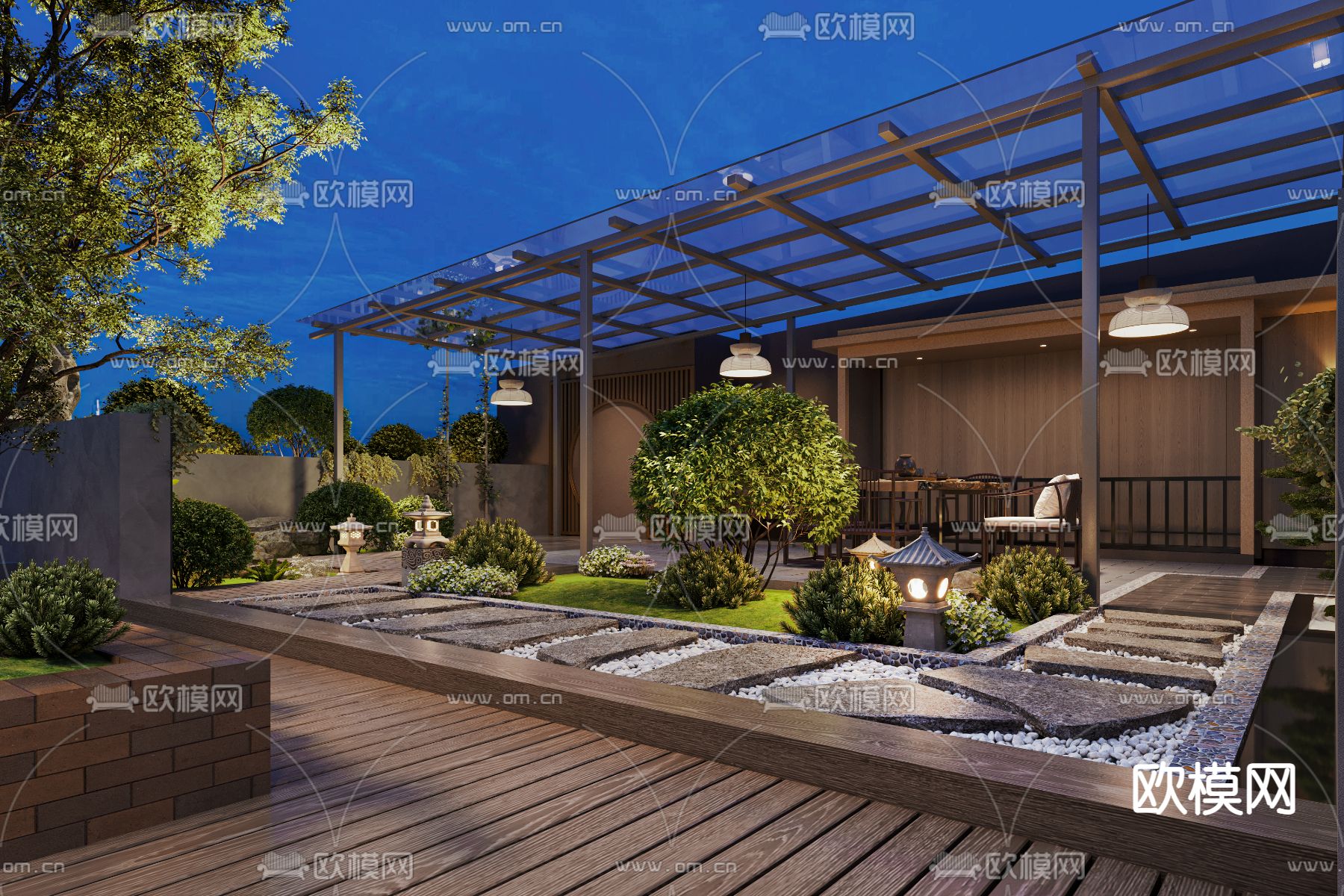 中式庭院露台 阳台花园3d模型下载（渲染图1）