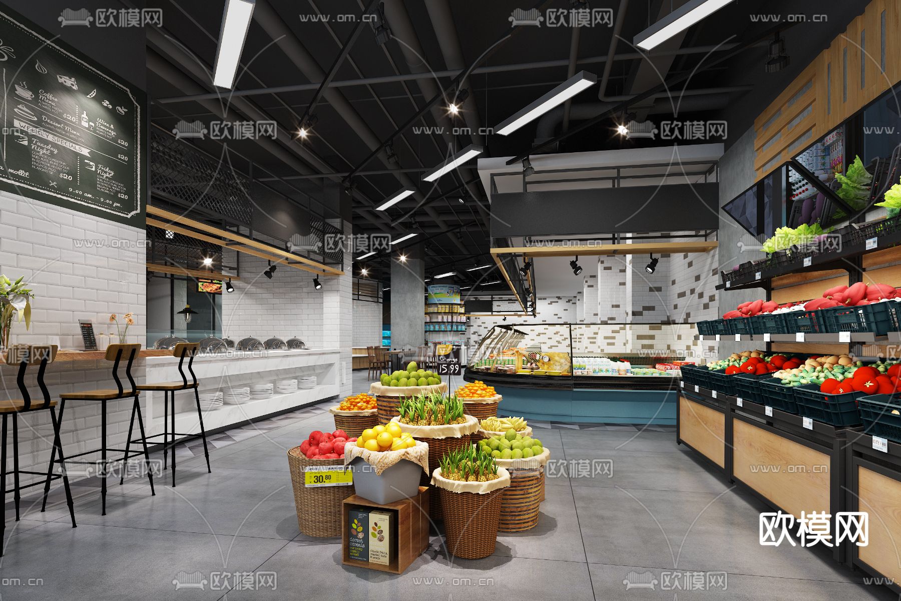 工业风超市熟食 美食区3d模型下载（渲染图1）