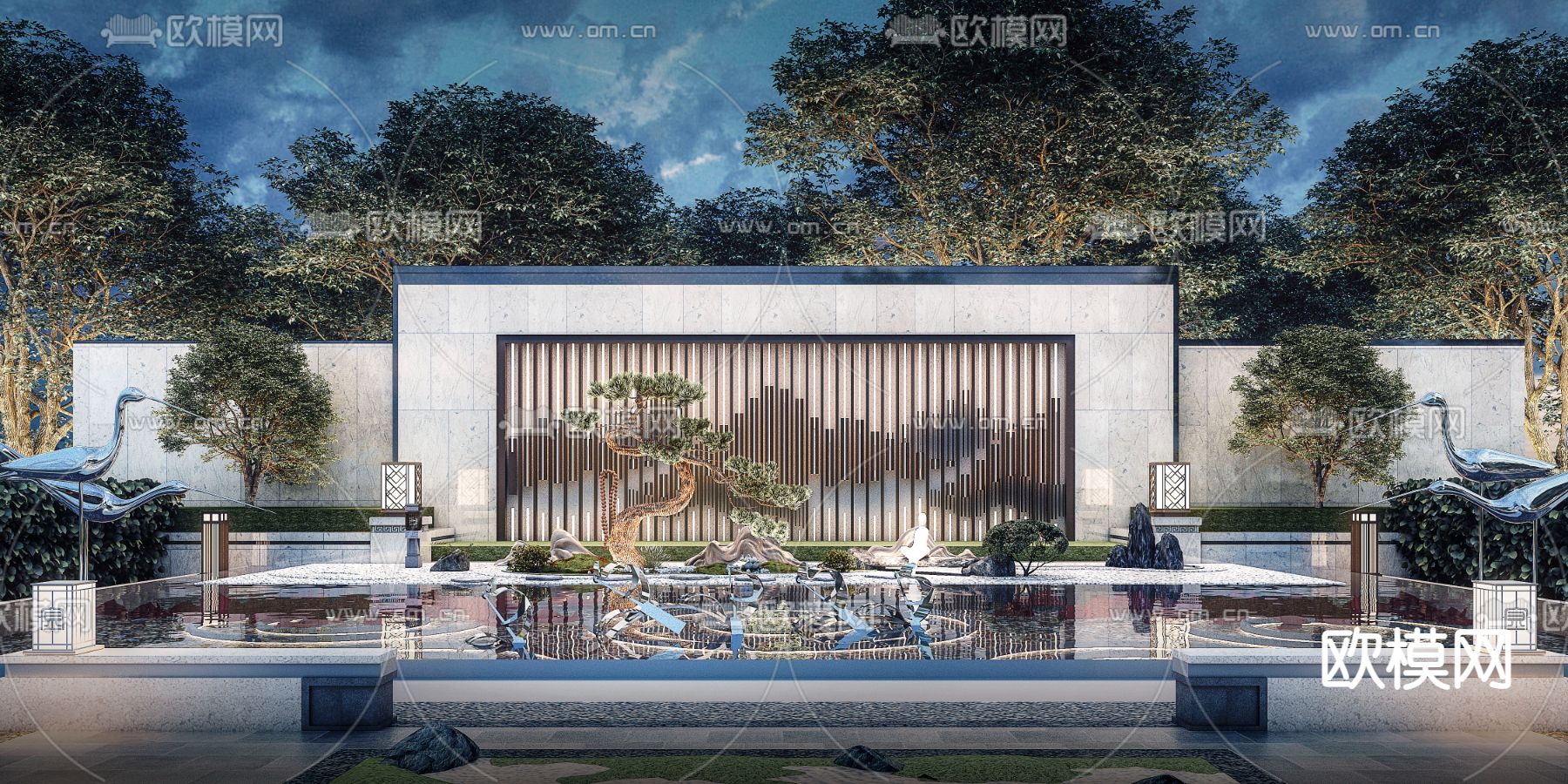 新中式园林景观墙3d模型下载