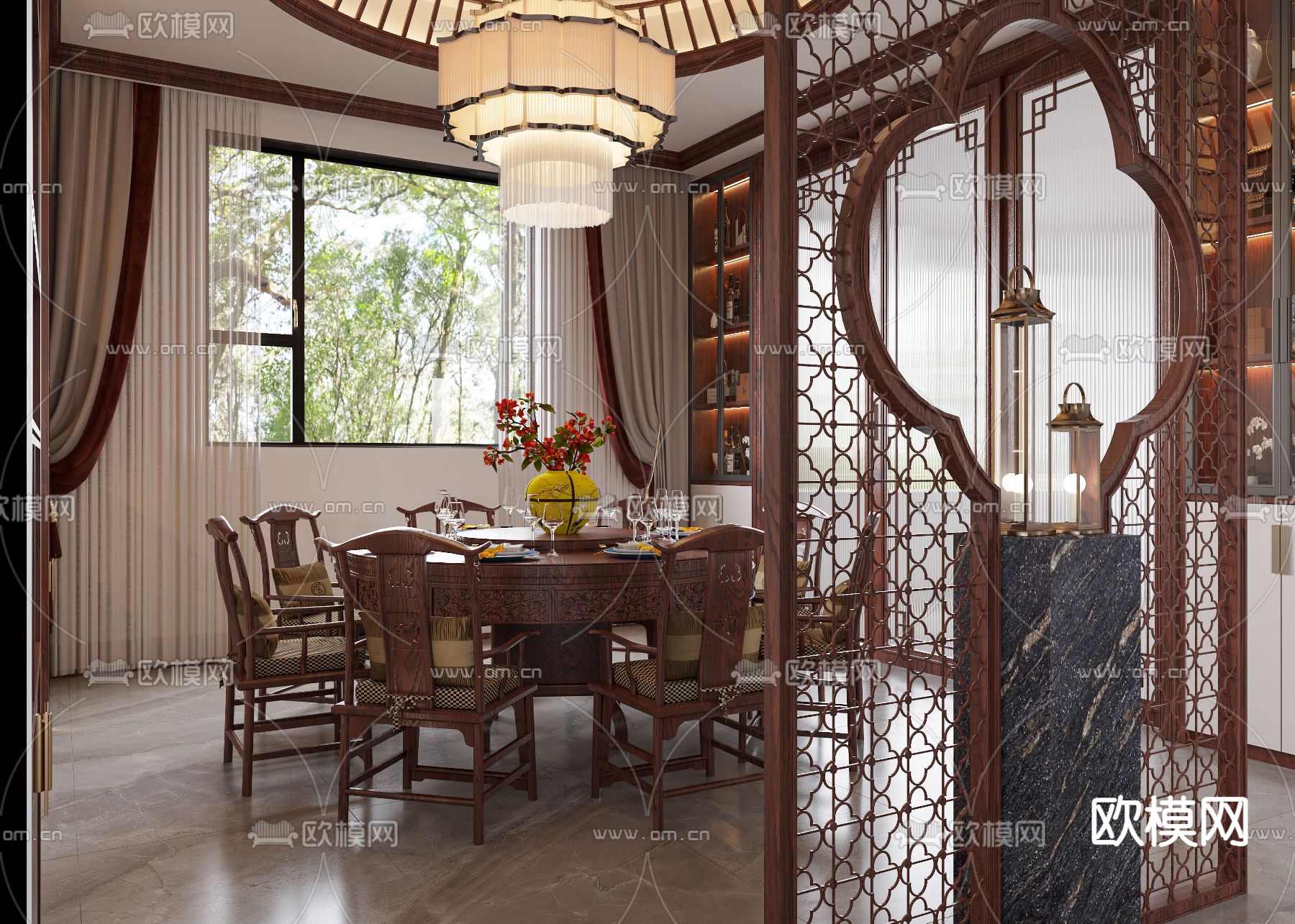 中式客厅餐厅3d模型下载（渲染图4）