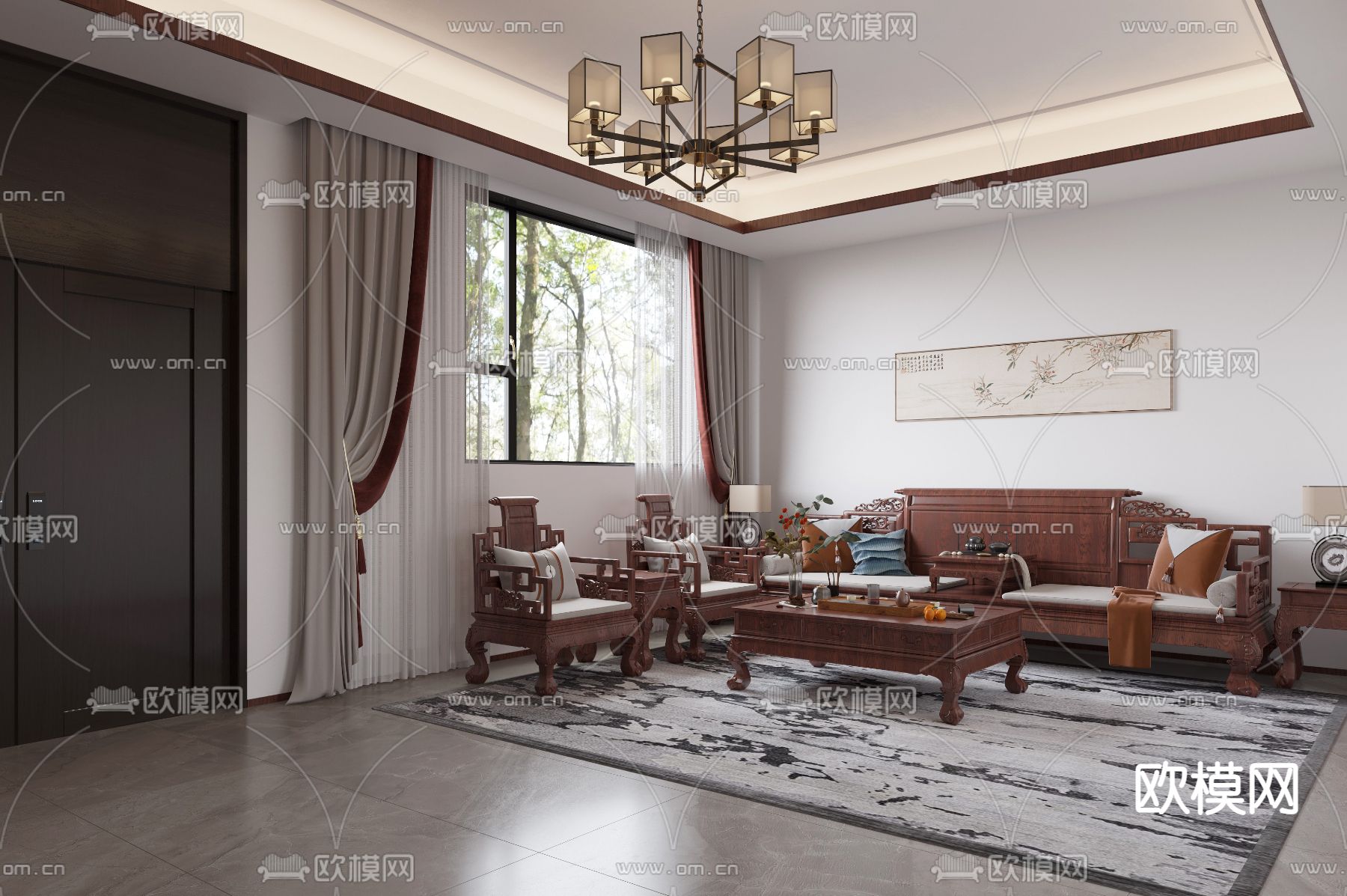 中式客厅餐厅3d模型下载（渲染图1）