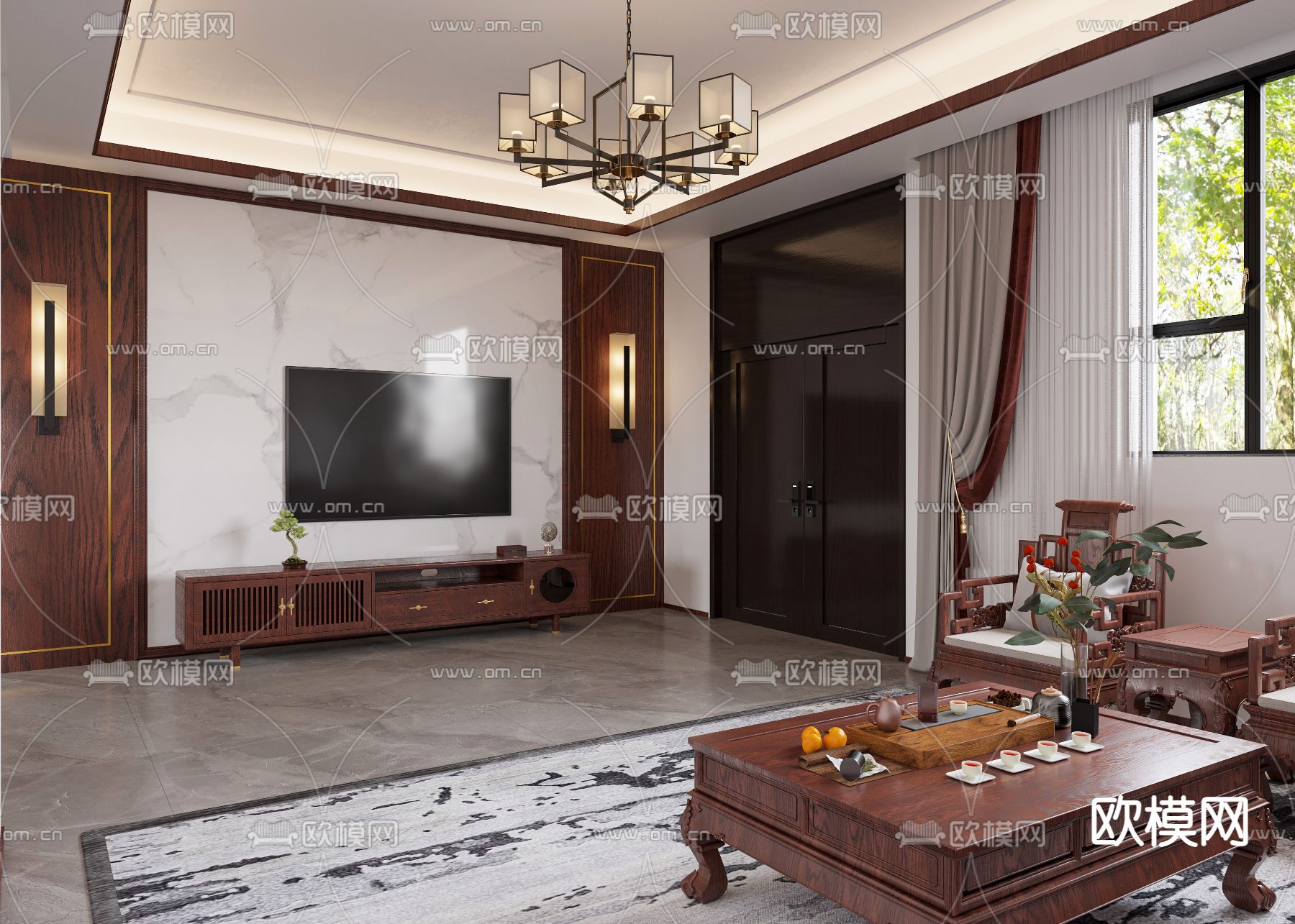 中式客厅餐厅3d模型下载（渲染图2）
