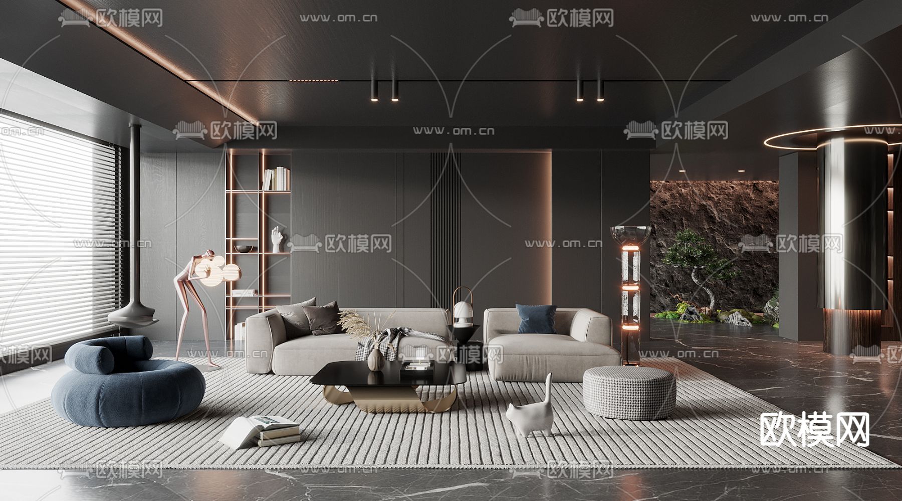 暗黑风客厅3d模型下载