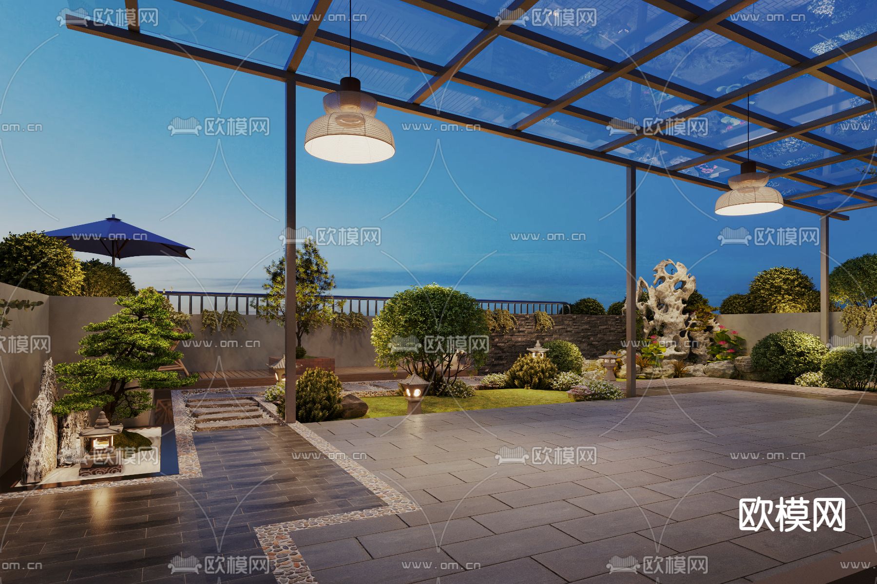 中式庭院露台 阳台花园3d模型下载（渲染图2）