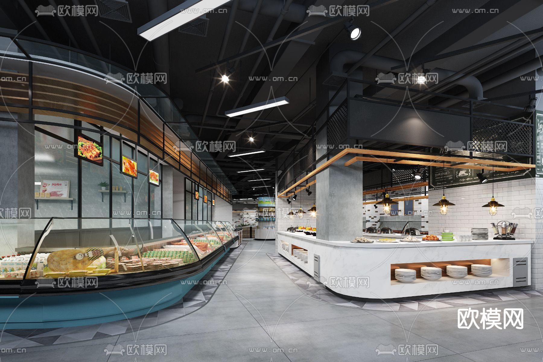 工业风超市熟食 美食区3d模型下载（渲染图2）
