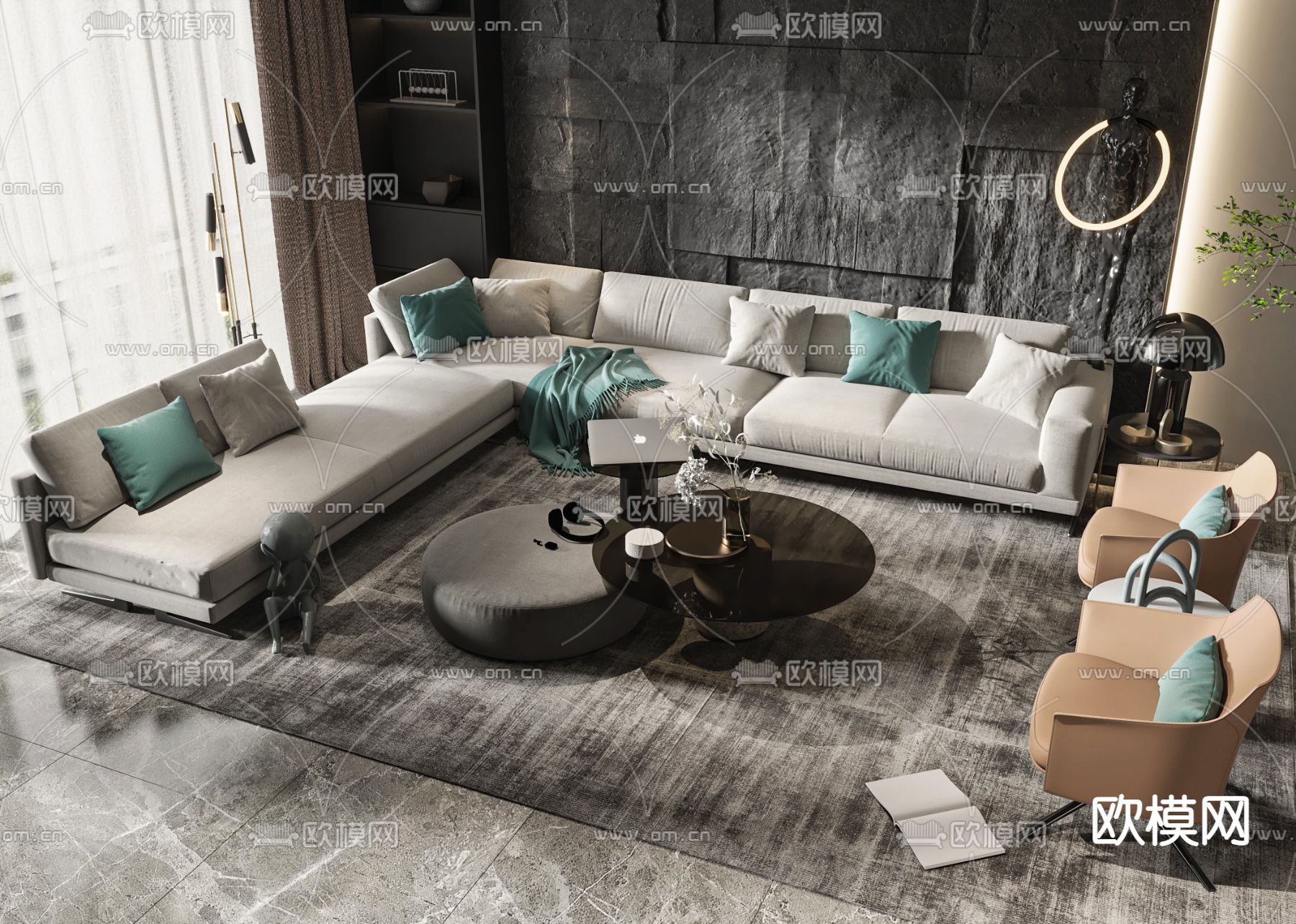 高级灰转角组合沙发3d模型下载