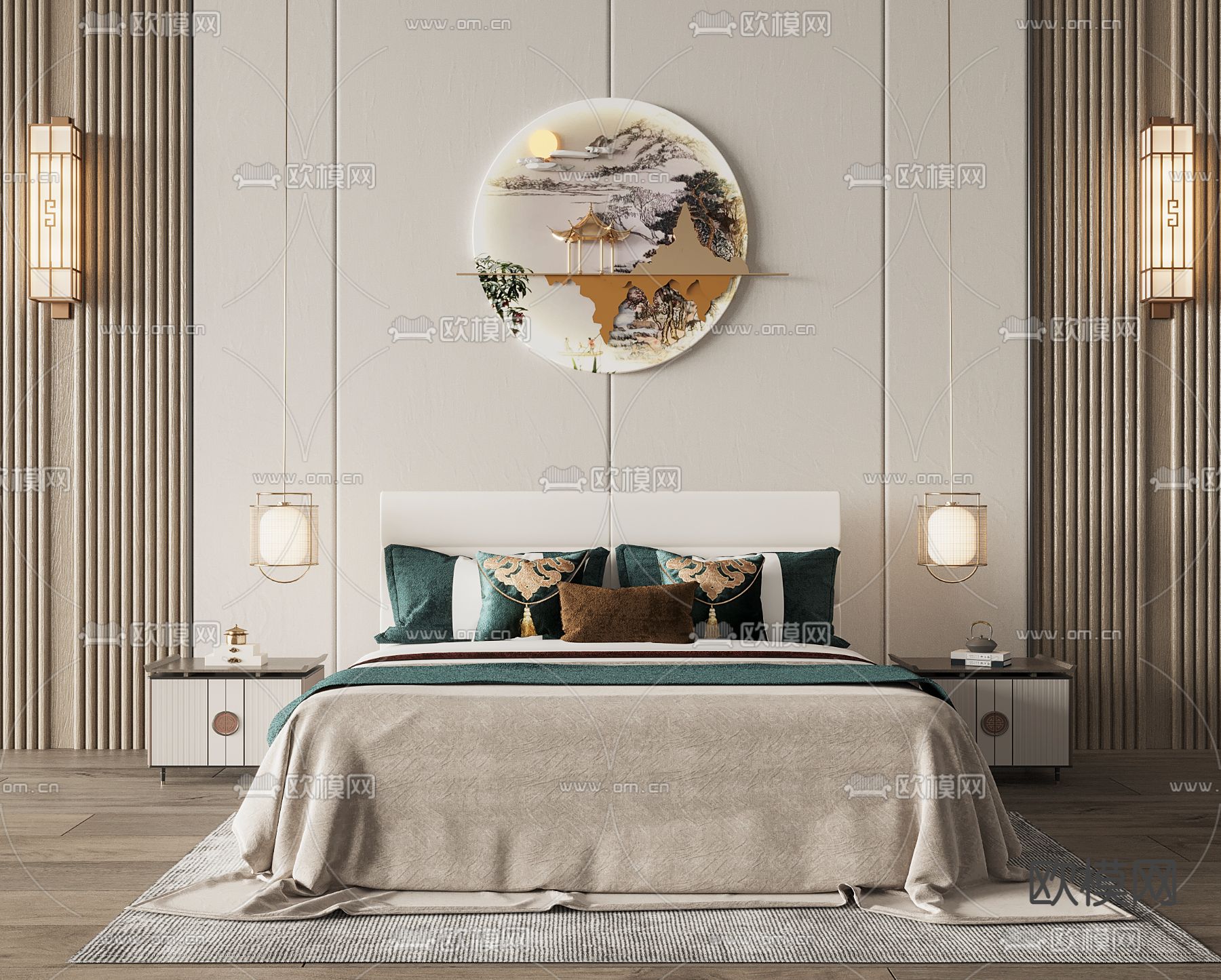 新中式双人床3d模型下载