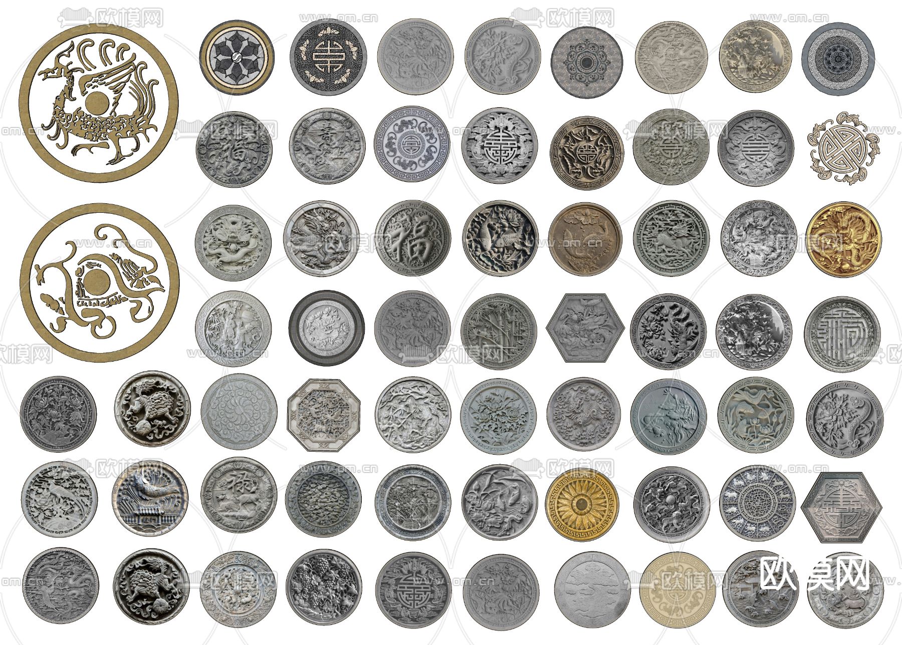 中式地铺铺装浮雕墙雕su模型下载