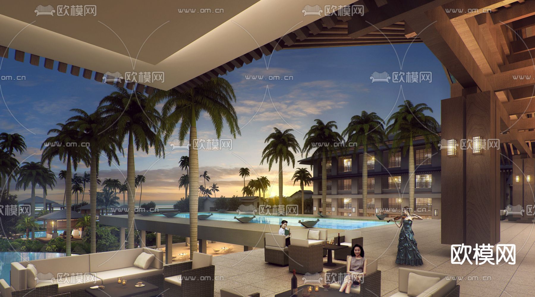 现代酒店庭院园林夜景psd下载