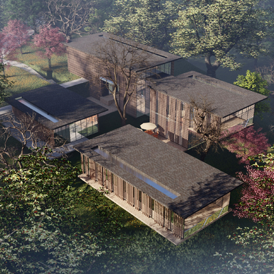  新中式民宿建筑鸟瞰su模型 