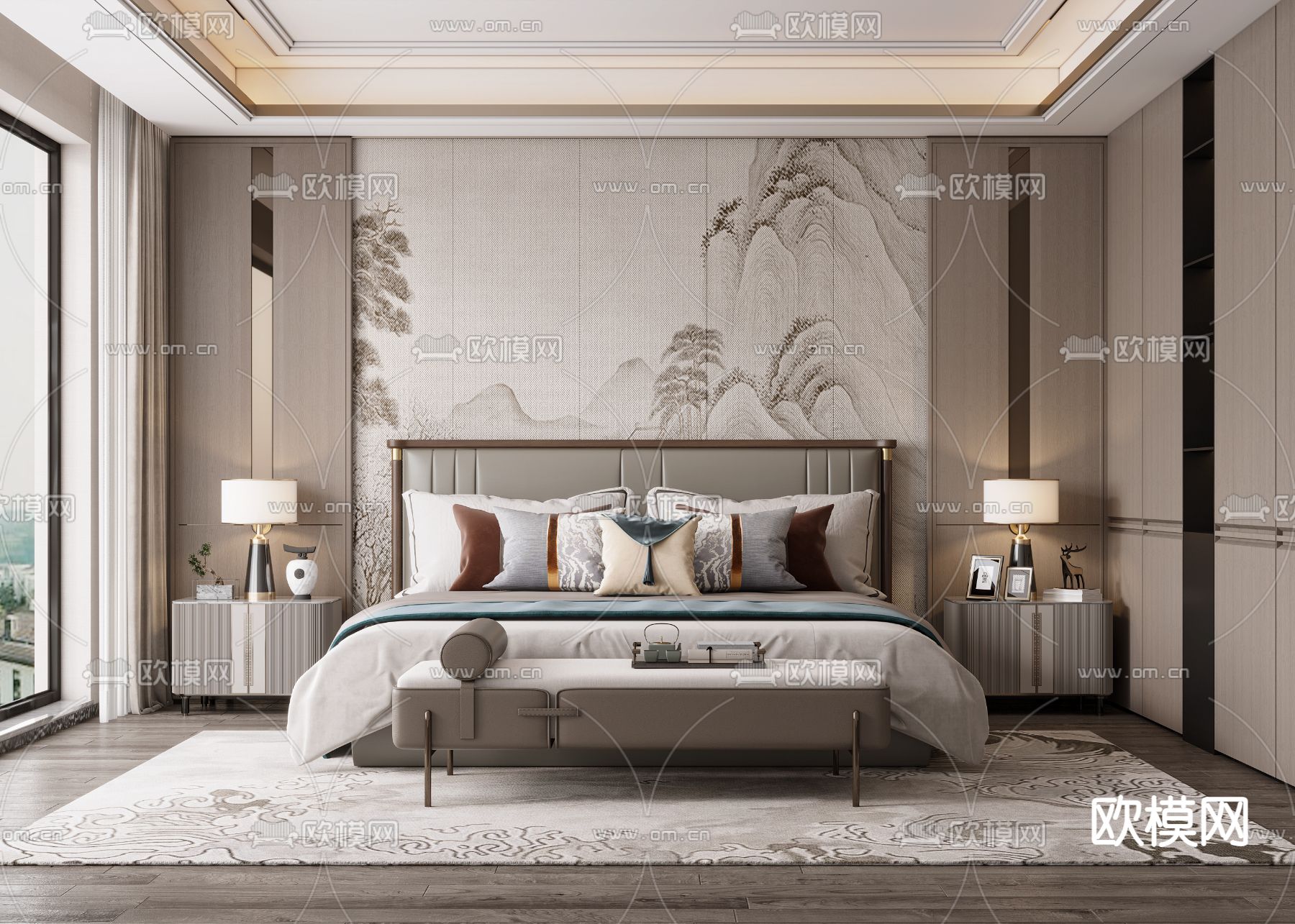 新中式卧室 次卧3d模型下载_ID12157285_3dmax免费模型-欧模网