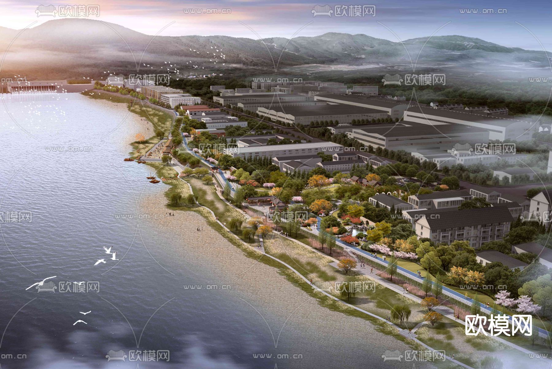 新中式湿地园林鸟瞰psd下载