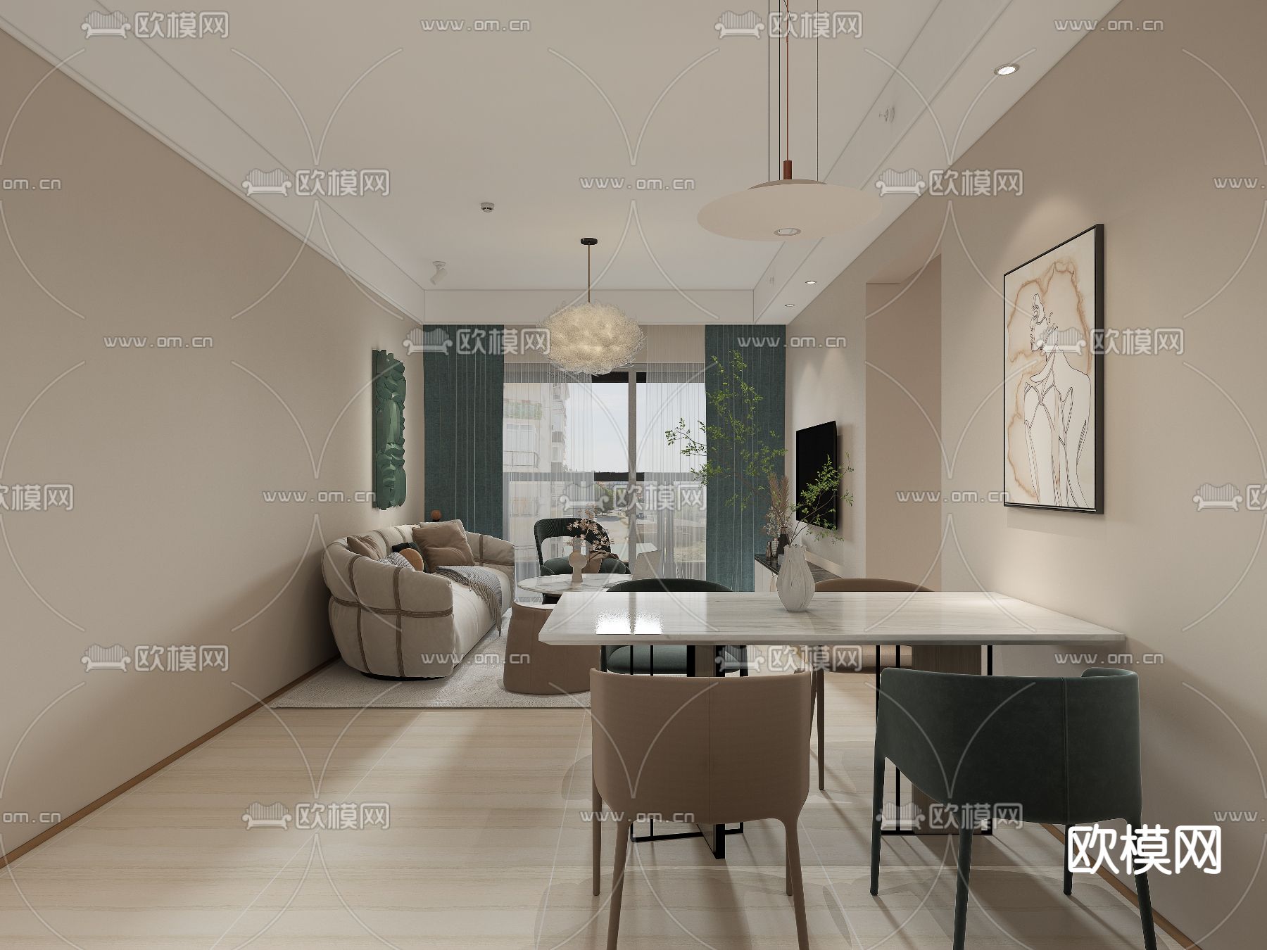 奶油风客餐厅免费3d模型下载（渲染图1）