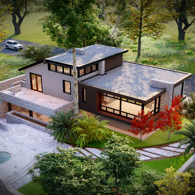  现代民宿建筑鸟瞰su模型 