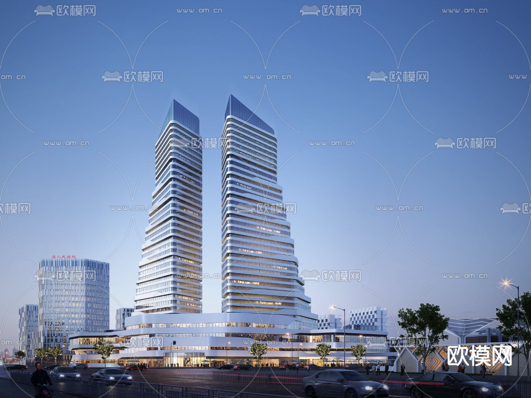 现代办公楼外观夜景psd下载