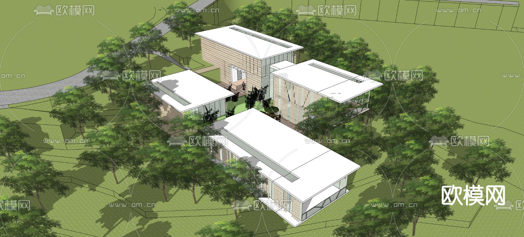 新中式民宿建筑鸟瞰su模型下载（渲染图2）