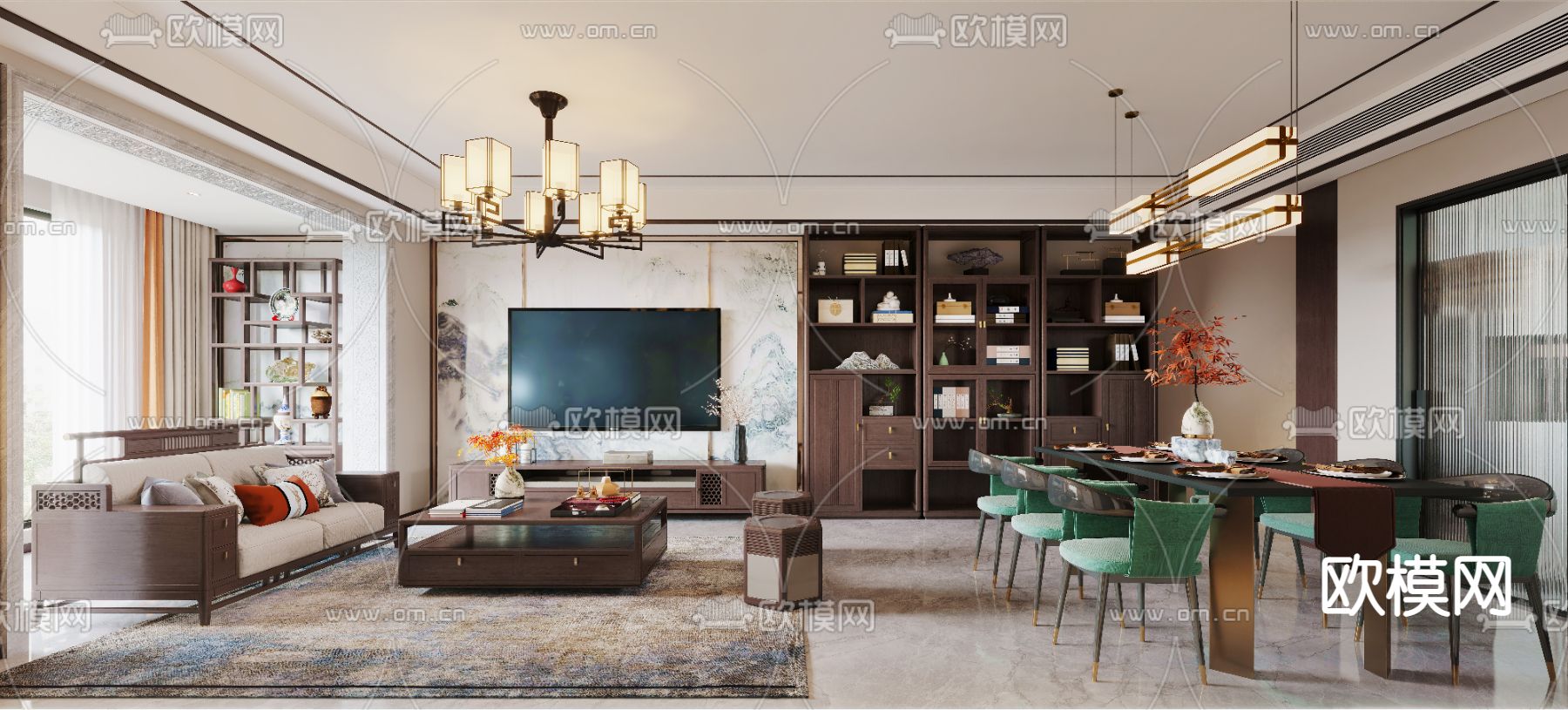 新中式客厅餐厅免费3d模型下载（渲染图2）