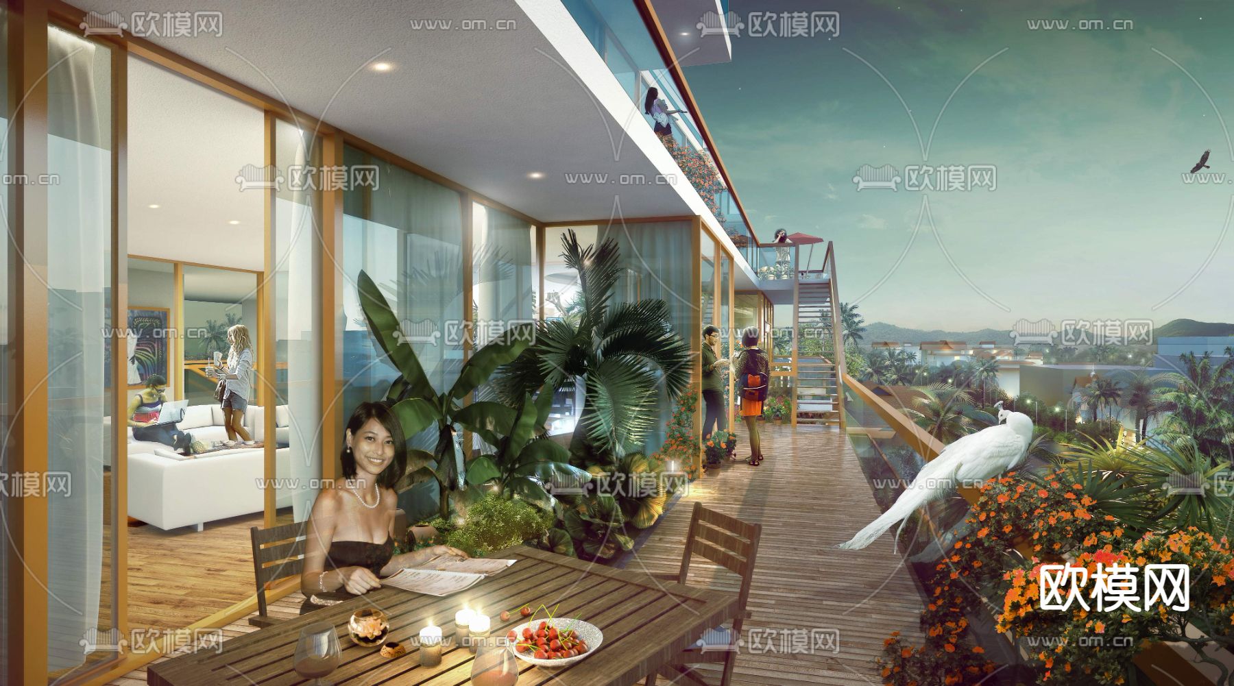 现代酒店阳台夜景psd下载