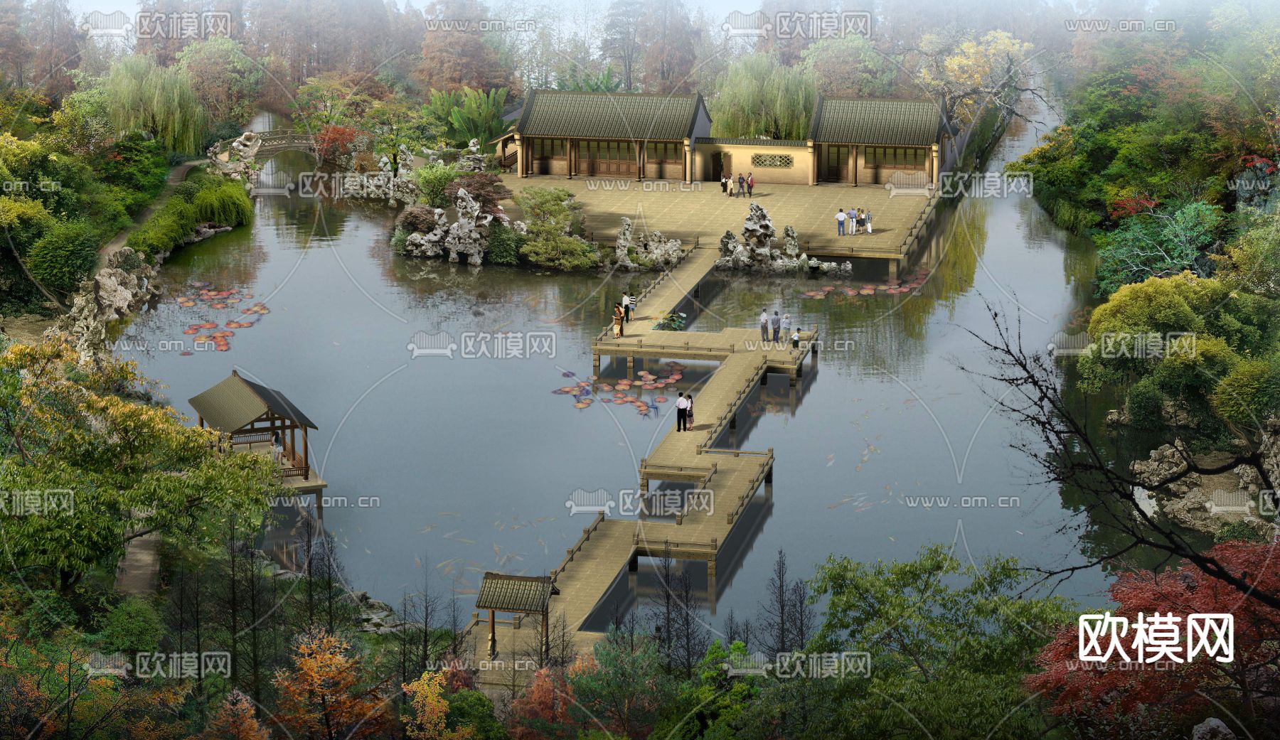 中式公园廊桥园林鸟瞰psd下载