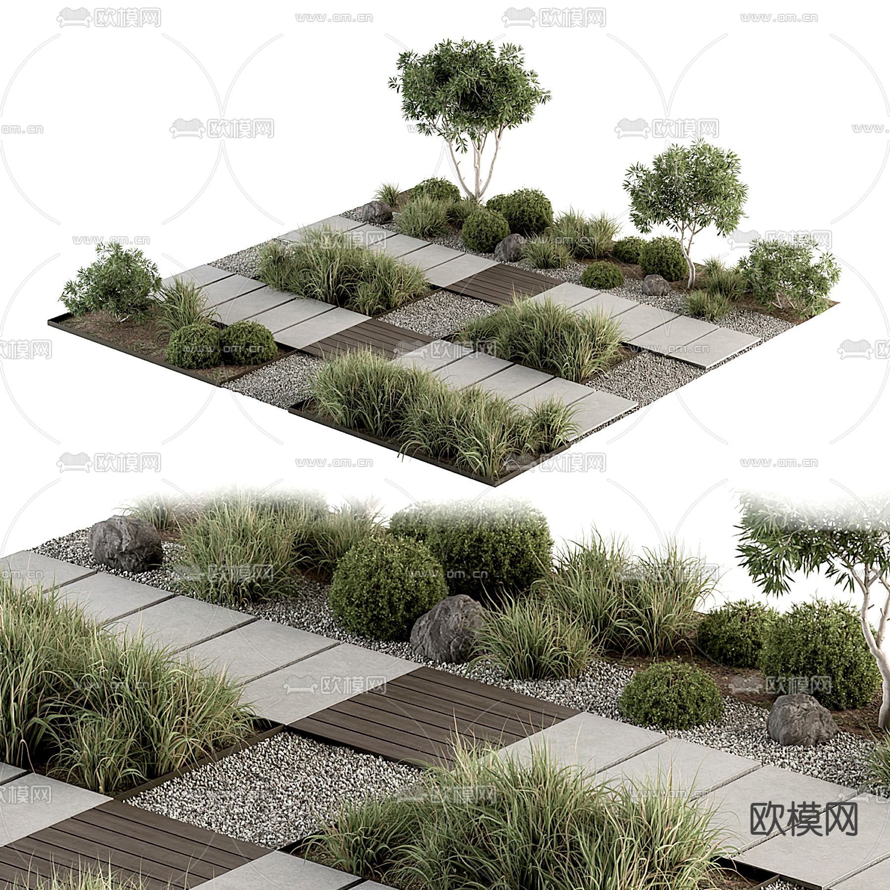 现代绿植石阶景观小品3d模型下载_ID12157203_3dmax免费模型-欧模网