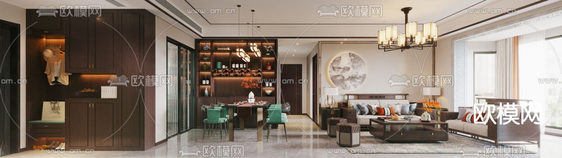 新中式客厅餐厅免费3d模型下载（渲染图1）
