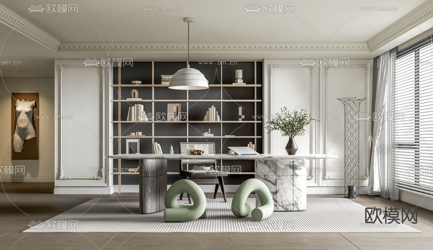 奶油风书房su模型